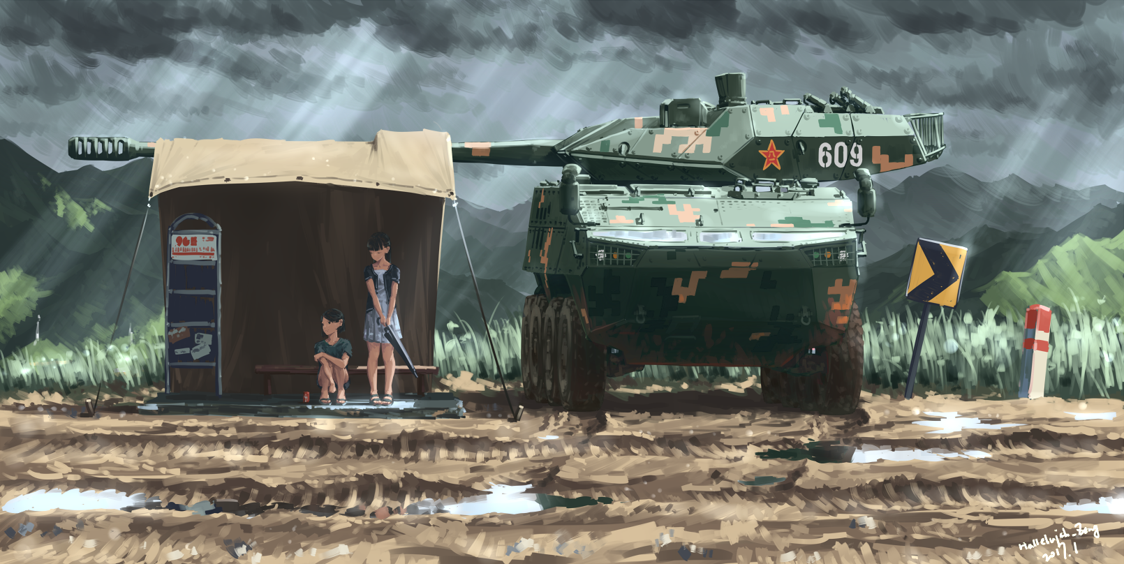 Military Chinese Army Rain Anime Girls Sunlight Military Vehicle Tent Clouds Tank Umbrella Anime Boy 1610x808