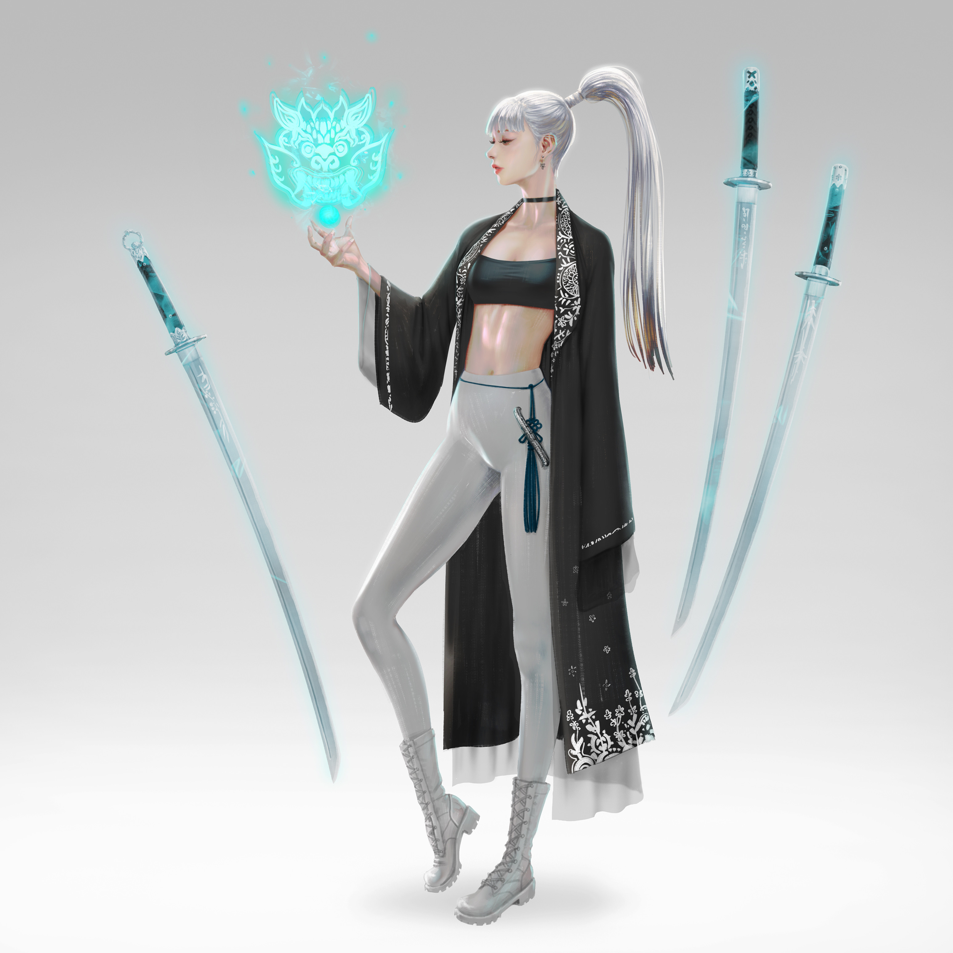 LightBox Drawing Women Silver Hair Robes Ponytail Weapon Katana Magic Spell Simple Background 3096x3096