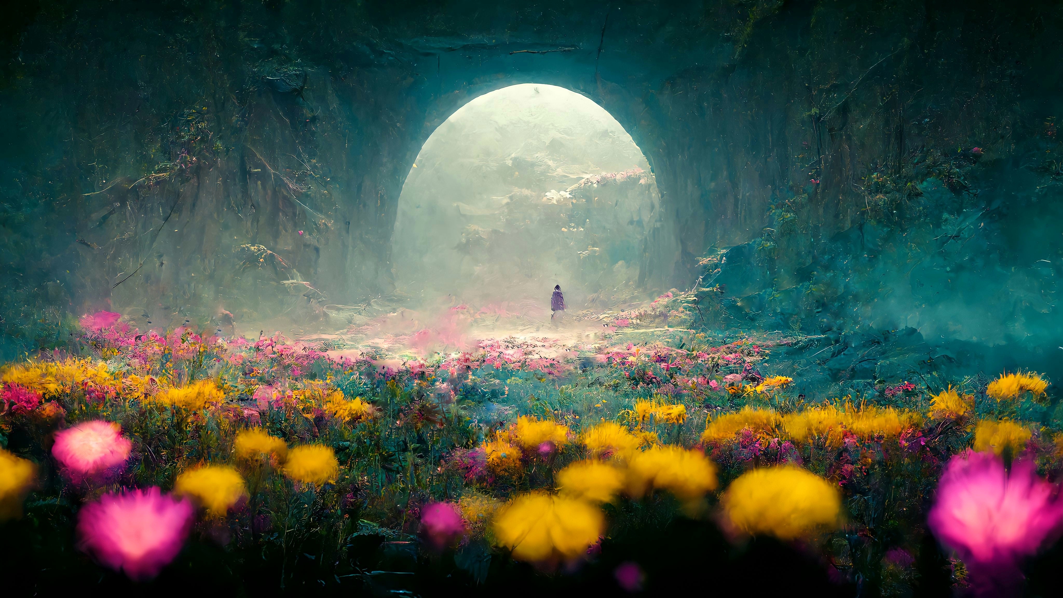 Cave Flowers Plants Pink Flowers Yellow Flowers Intricate Ai Art Landscape 4096x2304