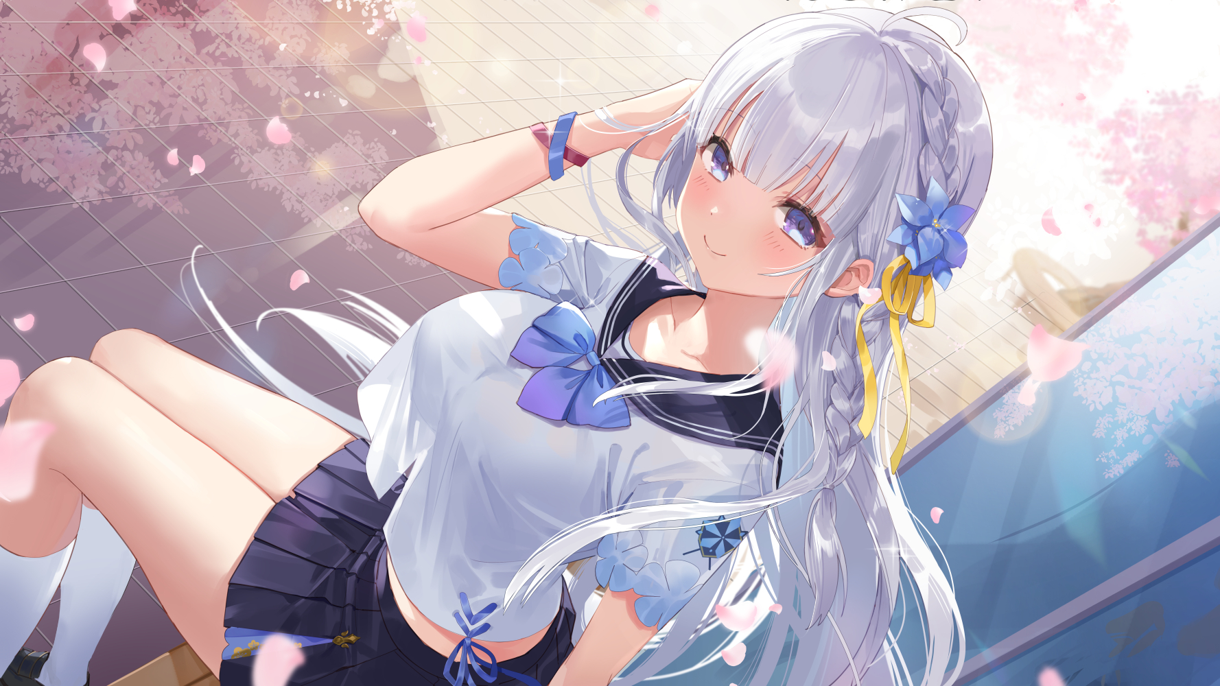 Anime Anime Girls School Uniform Petals White Hair Schoolgirl 1778x1000
