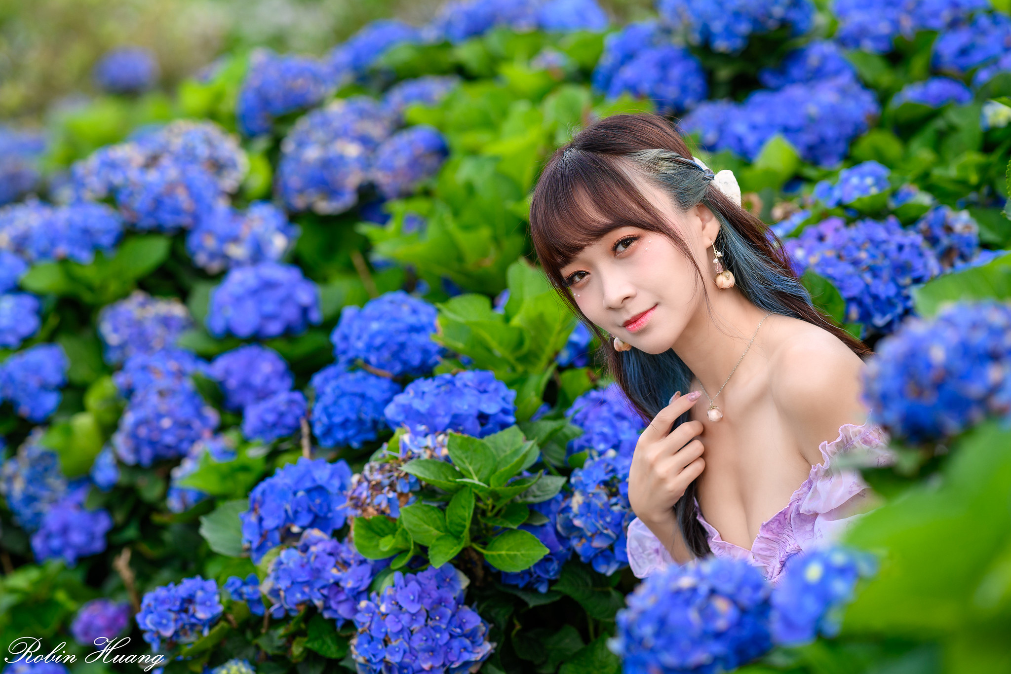 Robin Huang Women Asian Brunette Makeup Glamour Dress Purple Clothing Portrait Flowers Leaves Plants 2048x1366