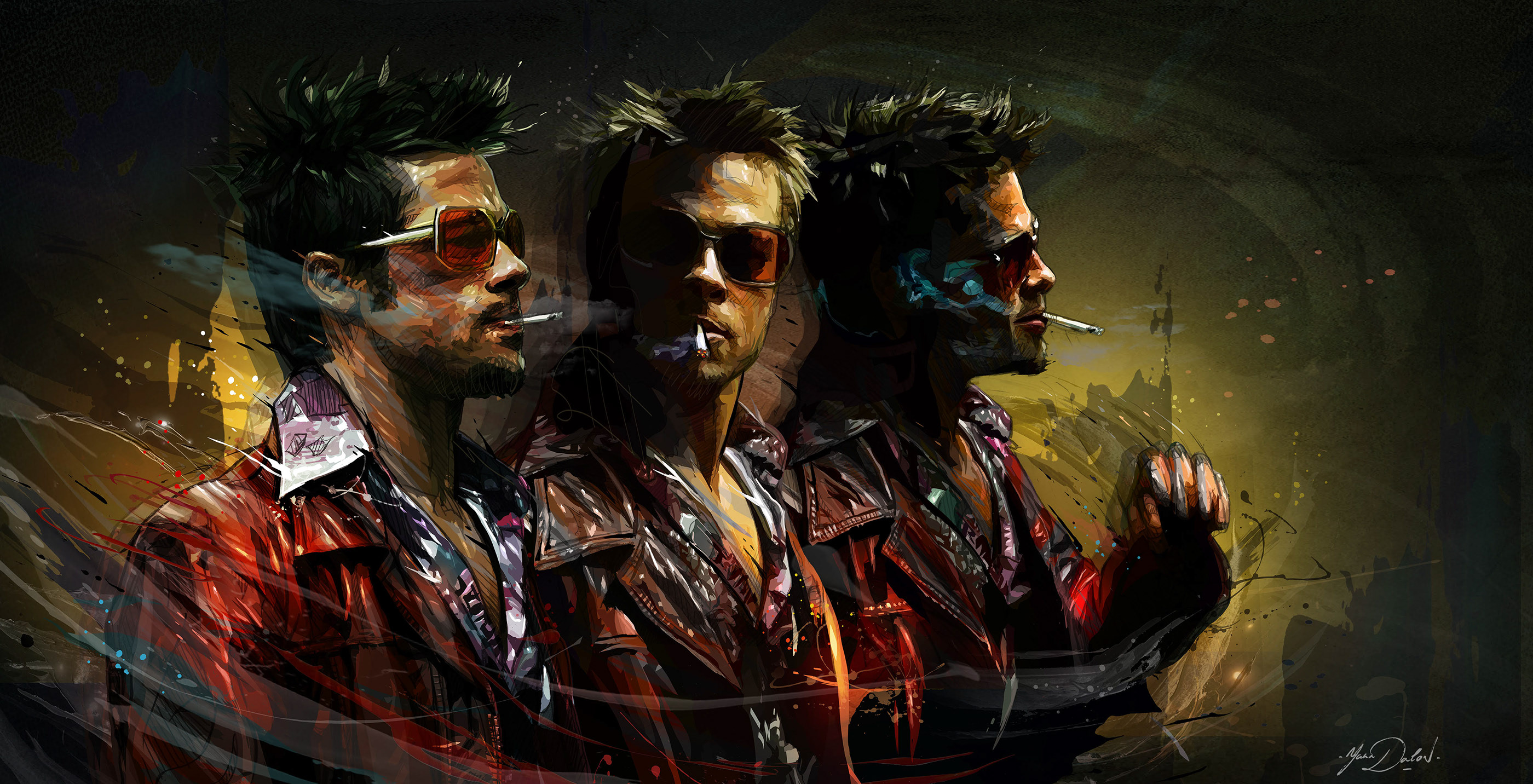 Digital Art Artwork Illustration Brad Pitt Actor Fan Art Fight Club David Fincher Smoking Men With G 2800x1432