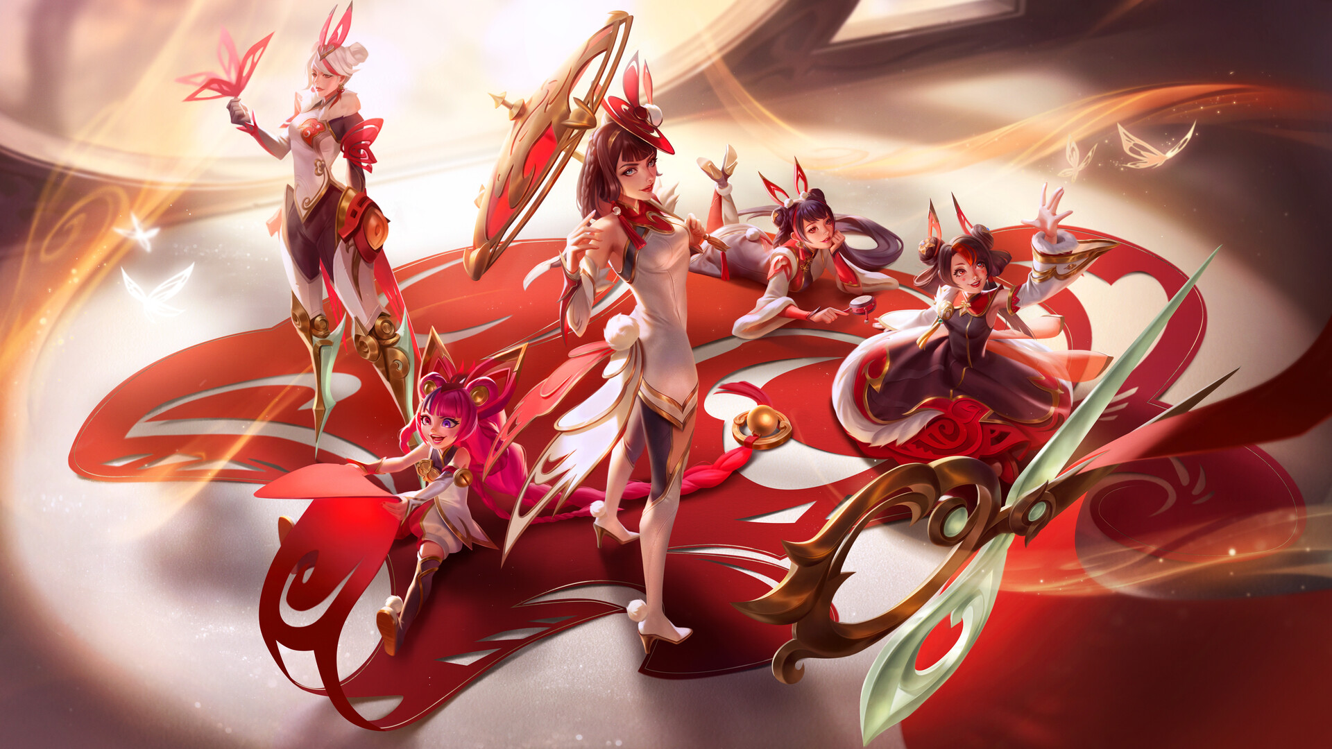 Lion Song Drawing Women League Of Legends Red Video Game Art Gold Butterfly White Clothing Video Gam 1920x1080