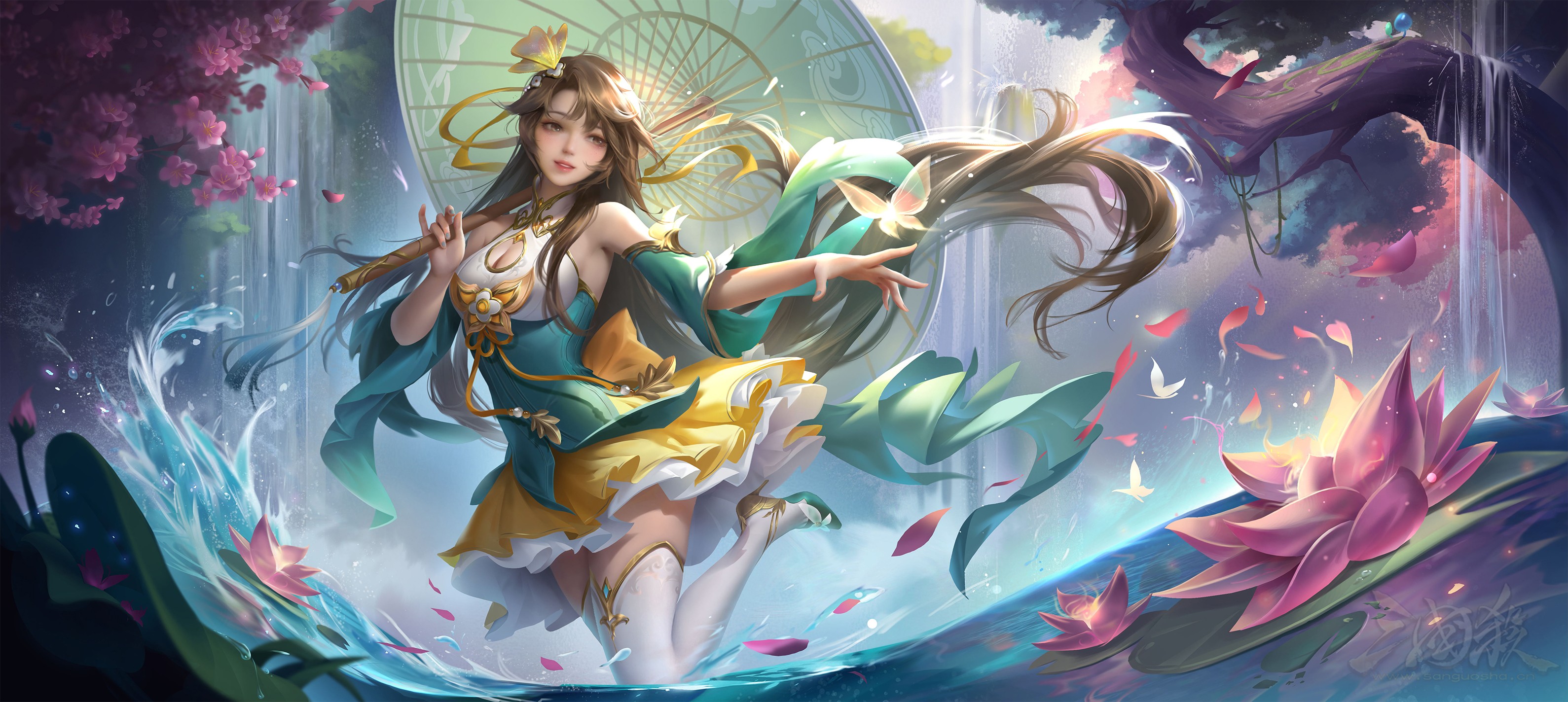 Three Kingdoms Sanguosha Asian Women Video Game Art Video Game Characters Petals Video Games Water F 3179x1424