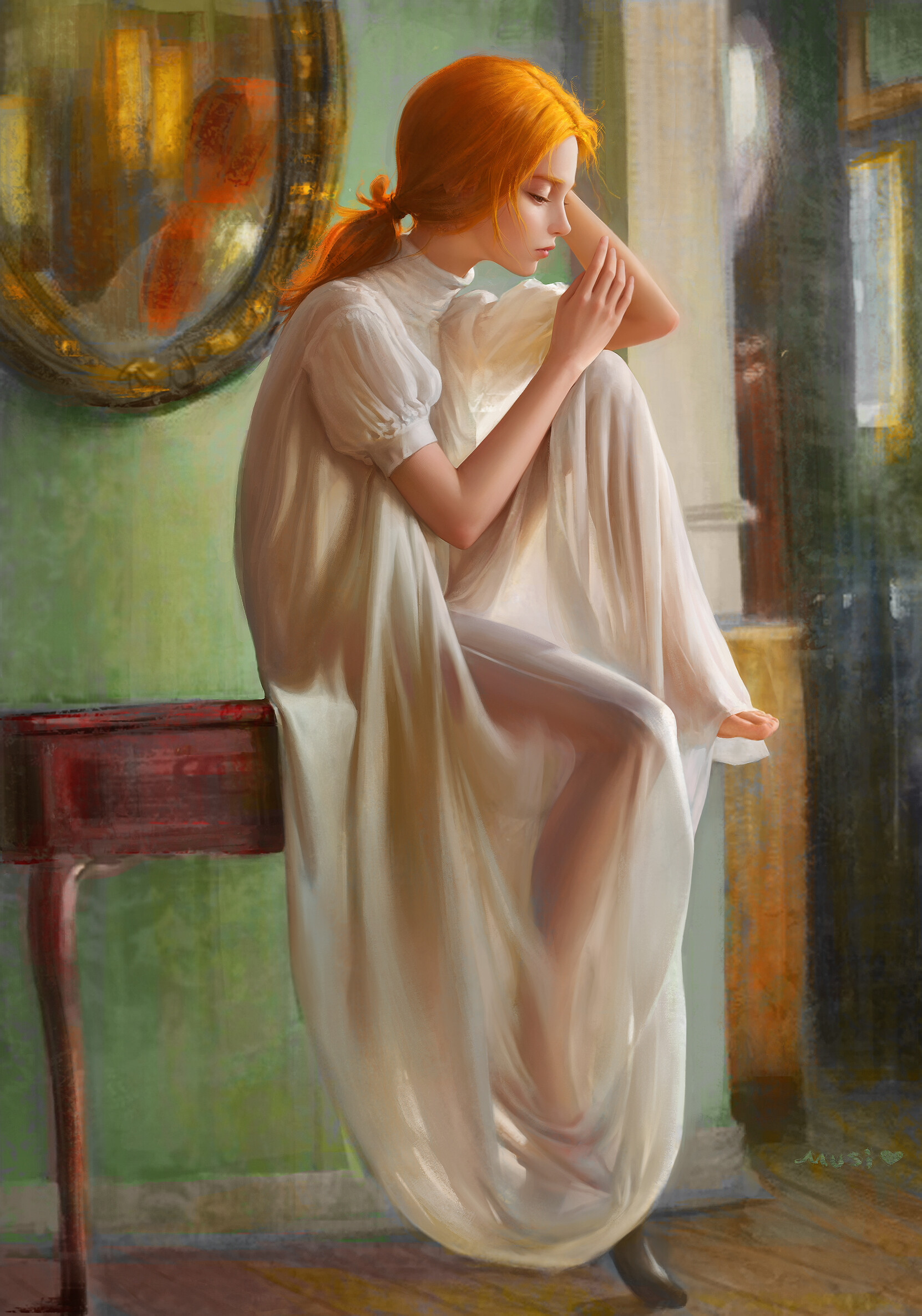 MuSi Drawing Women Redhead Gown Profile Portrait Display Sitting Reflection Mirror 1662x2371