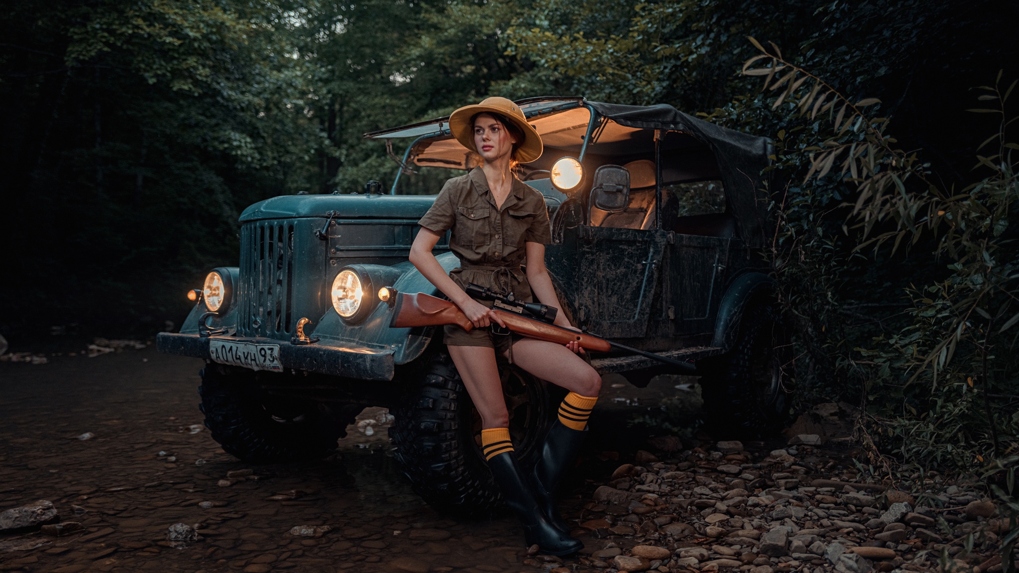 Women Viktoria Ageeva Hat Hunters Sniper Rifle Car Headlights Forest Boots 4x4 GAZ 2048x1152