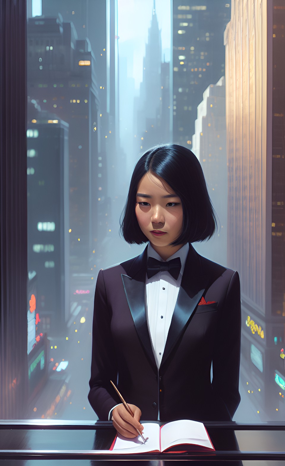 Asian Women City Ai Art Tower Town Vertical Bow Tie Suits 960x1568