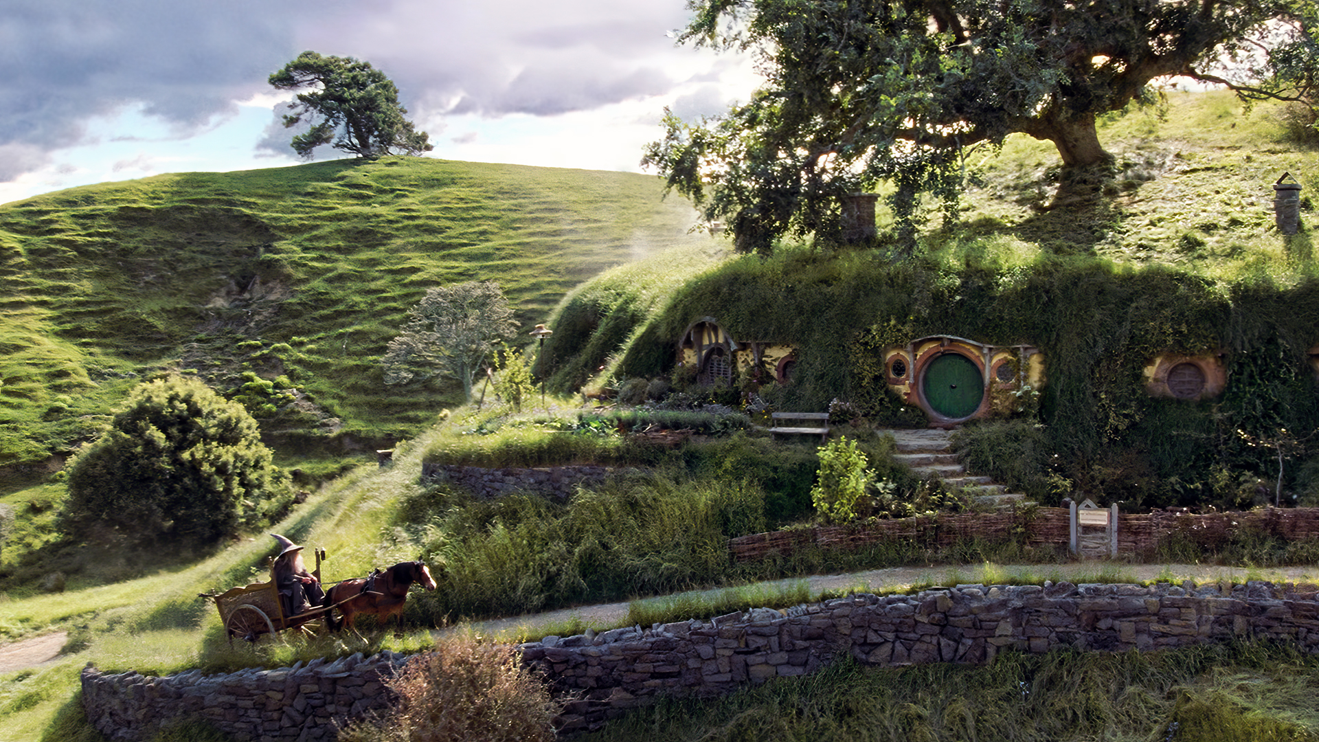 The Lord Of The Rings The Fellowship Of The Ring The Shire Bag End Gandalf Hills Trees House Horse W 1920x1080