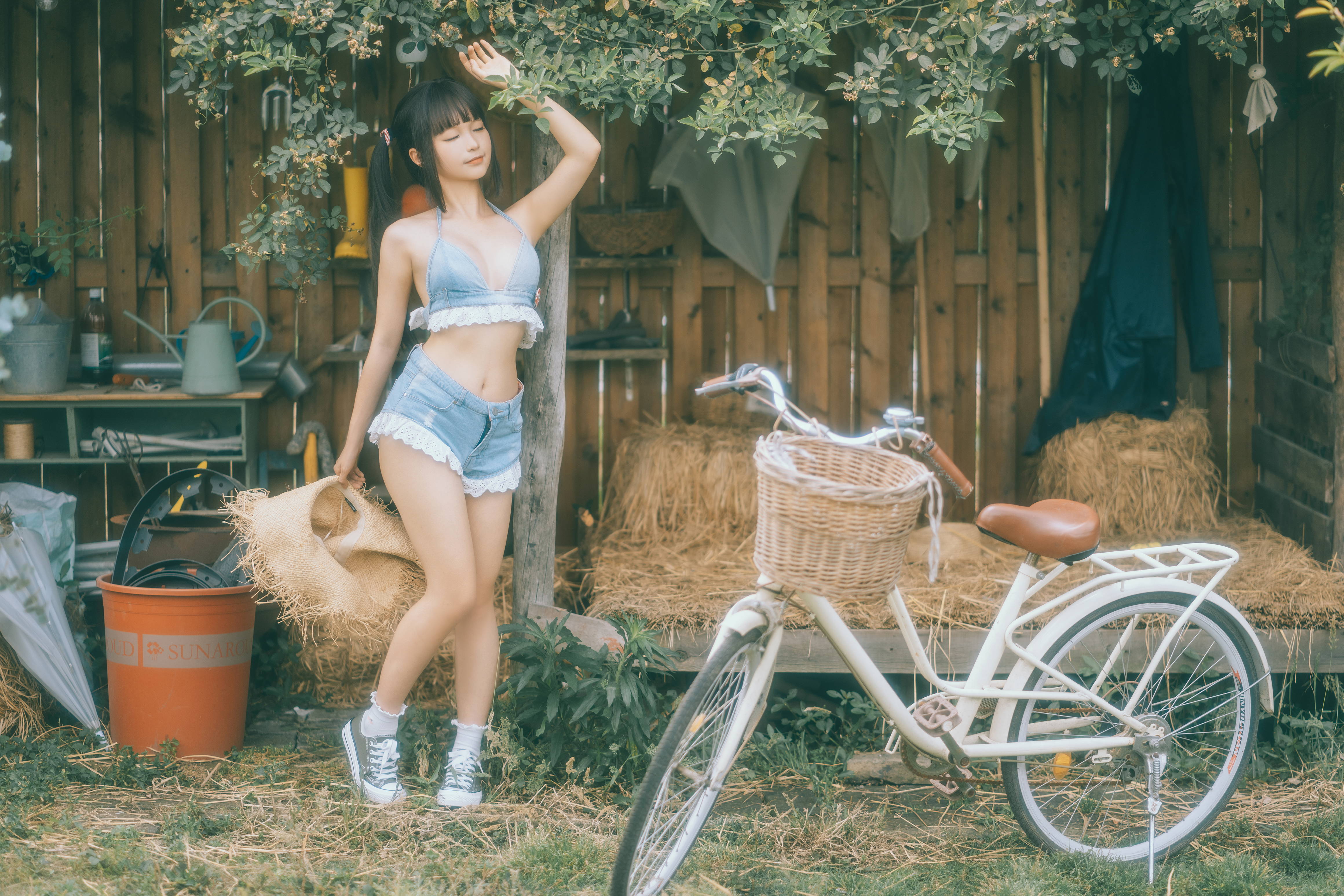 Women Model Asian Brunette Twintails Denim Jean Shorts Bicycle Women Outdoors 4641x3094