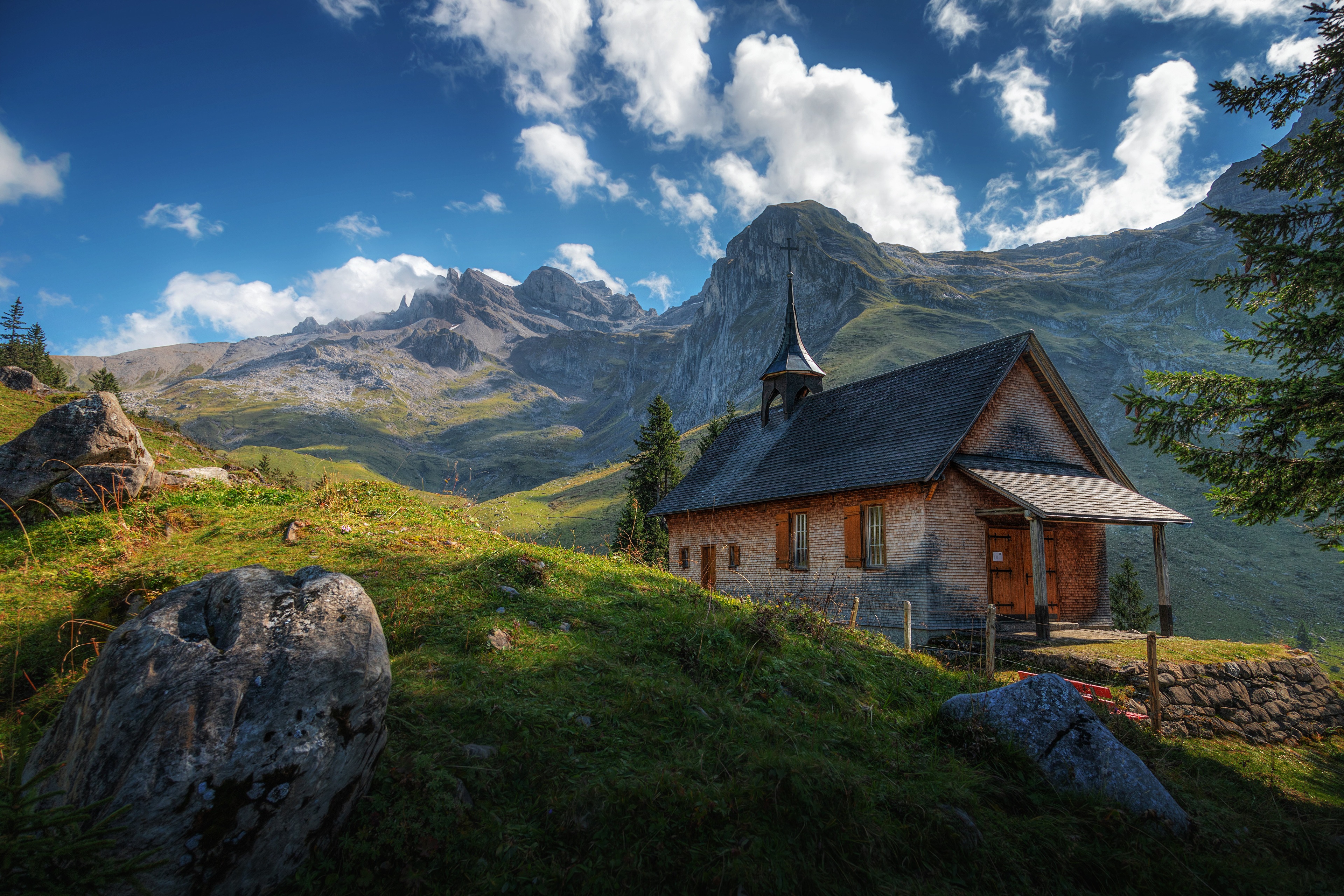 Landscape Nature Switzerland Mountains Sky Clouds House Stones Grass Shadow Church 3840x2560