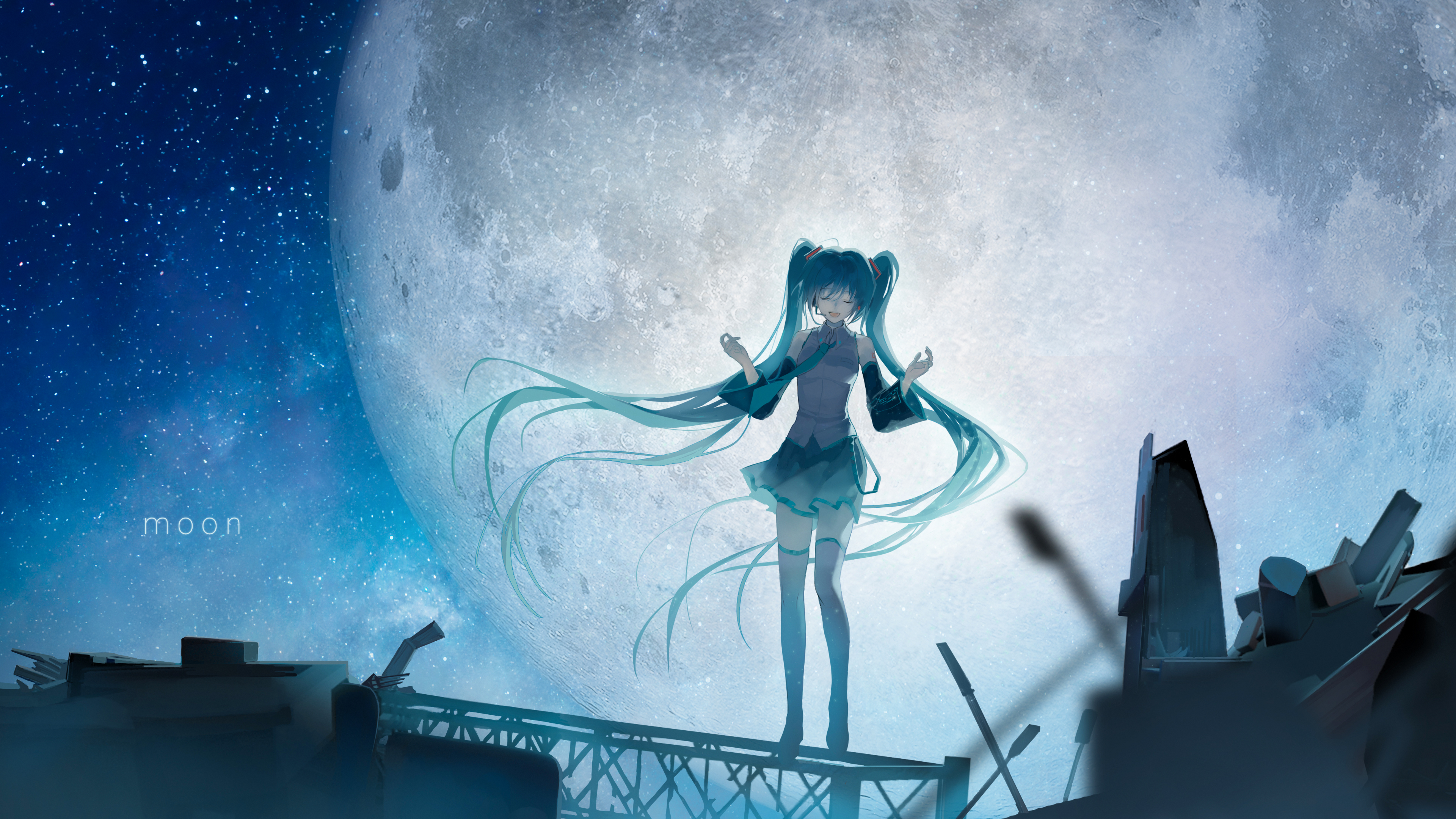Hatsune Miku Vocaloid Moon Night Twintails Blue Hair Anime Girls Closed Eyes 3840x2160