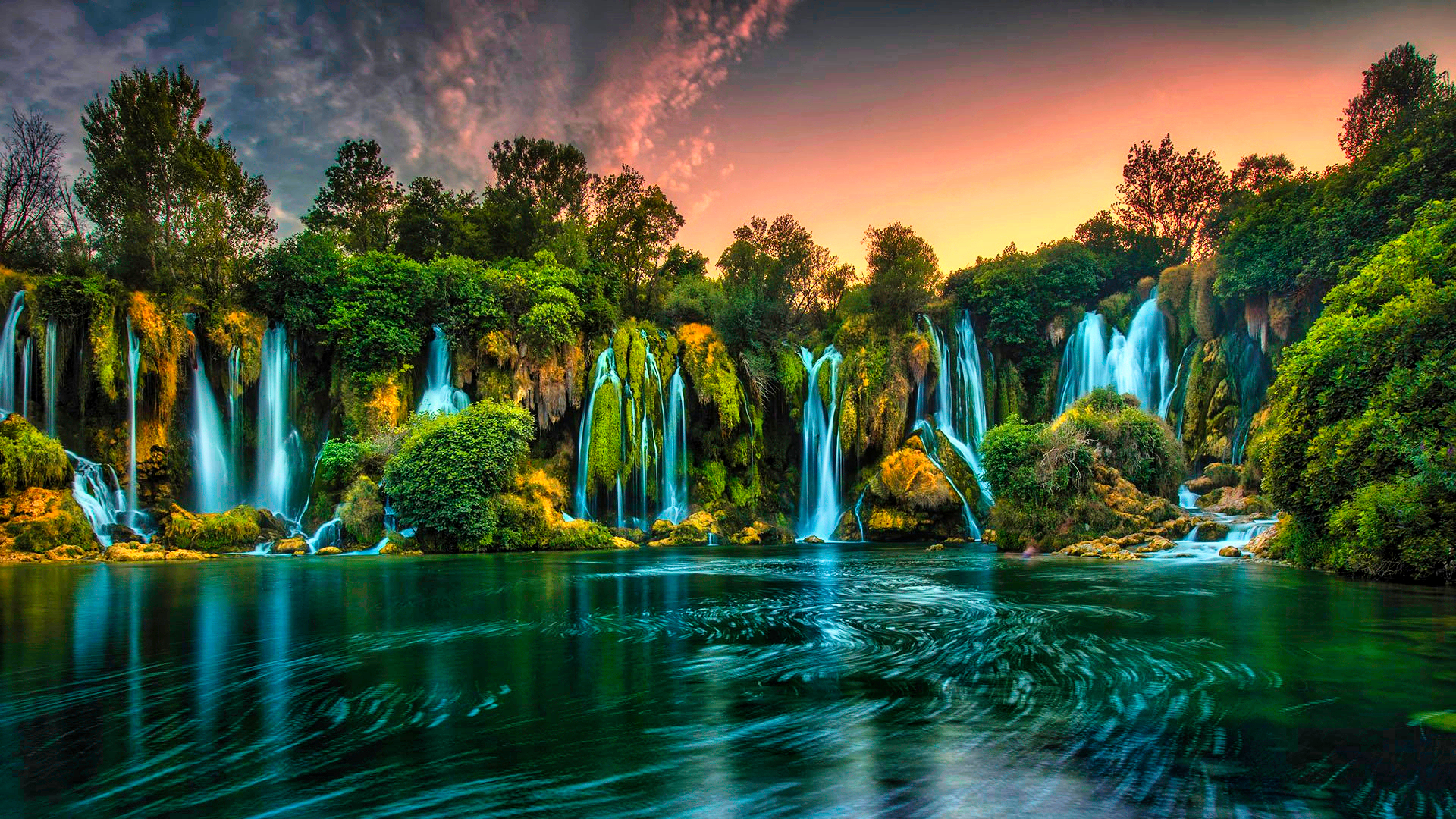 Waterfall Nature Water Tropical Sunset Warm Colors Warm Light Trees Outdoors Landscape Photography B 1920x1080