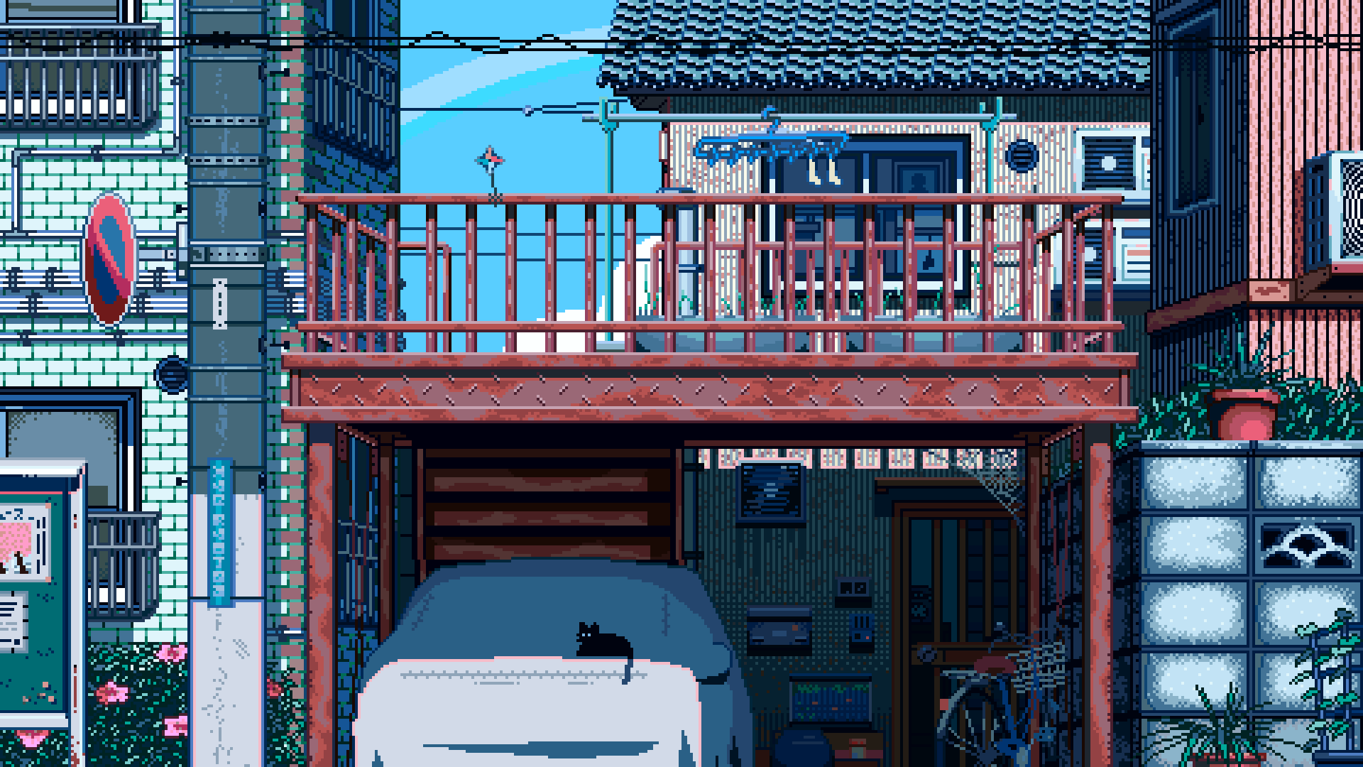 Digital Art Artwork Illustration Pixel Art Architecture Japan House Black Cats 1920x1080