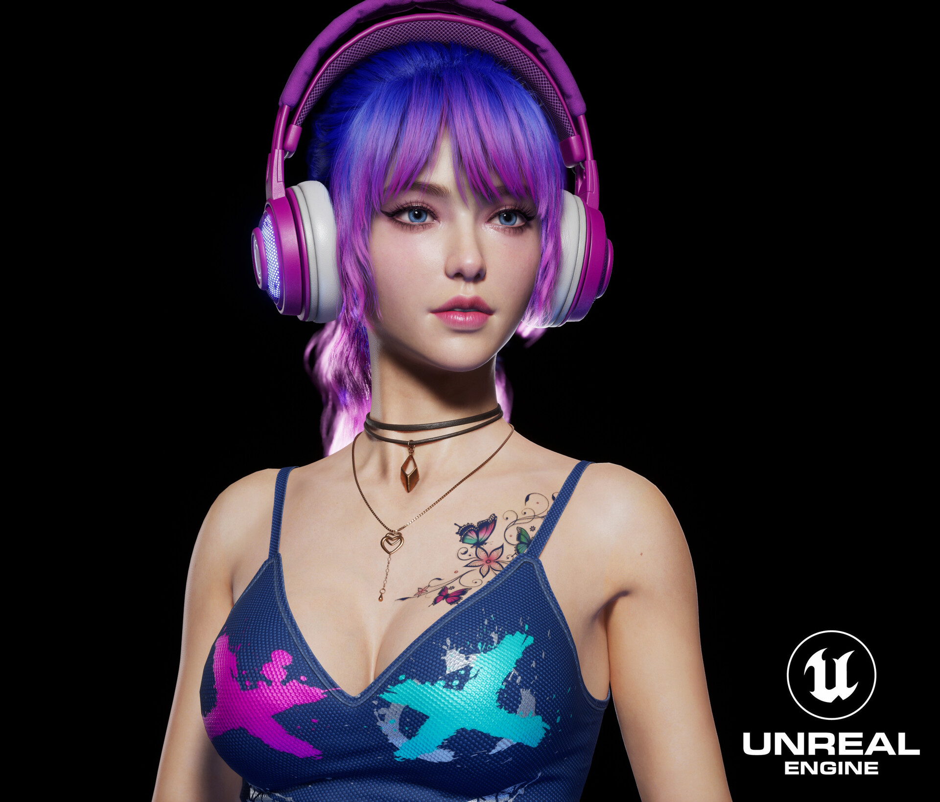 Long Tai Zi CGi Women Dyed Hair Headphones Colorful Pink Blue Necklace Tattoo Black Background Blue  1920x1638