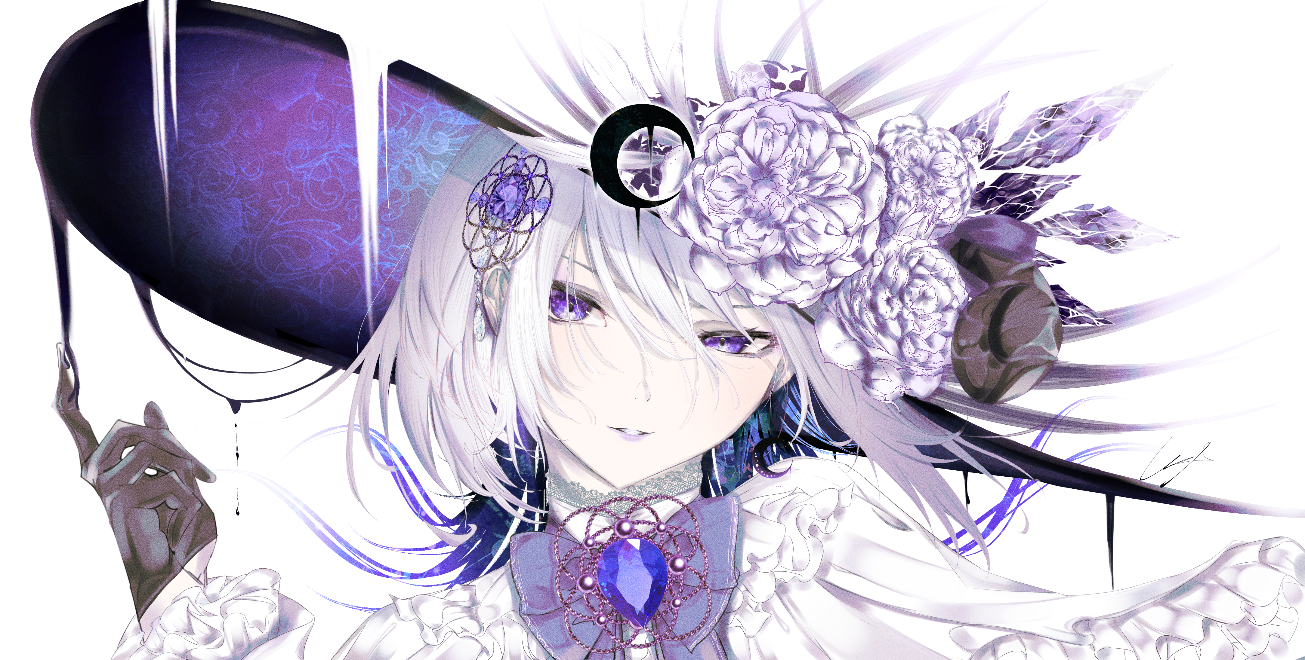 Anime Girls Artwork Fantasy Girl Purple Eyes White Hair Hat Wallpaper -  Resolution:4338x2196 - ID:1343548 