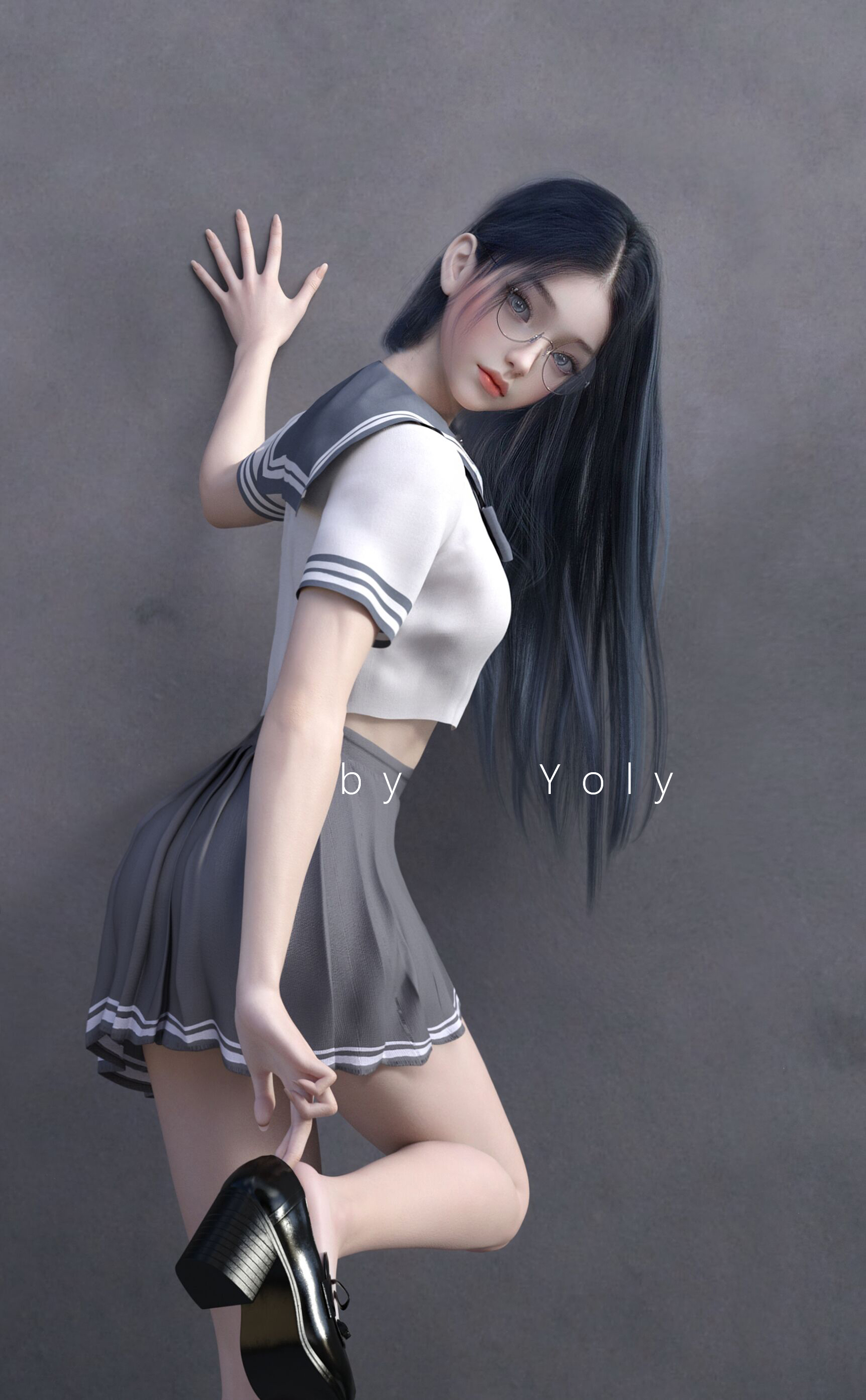 Yoly School Girl Strikers Schoolgirl Skirt School Skirt Black Hair Asian Women Model CGi Digital Art 1750x2830