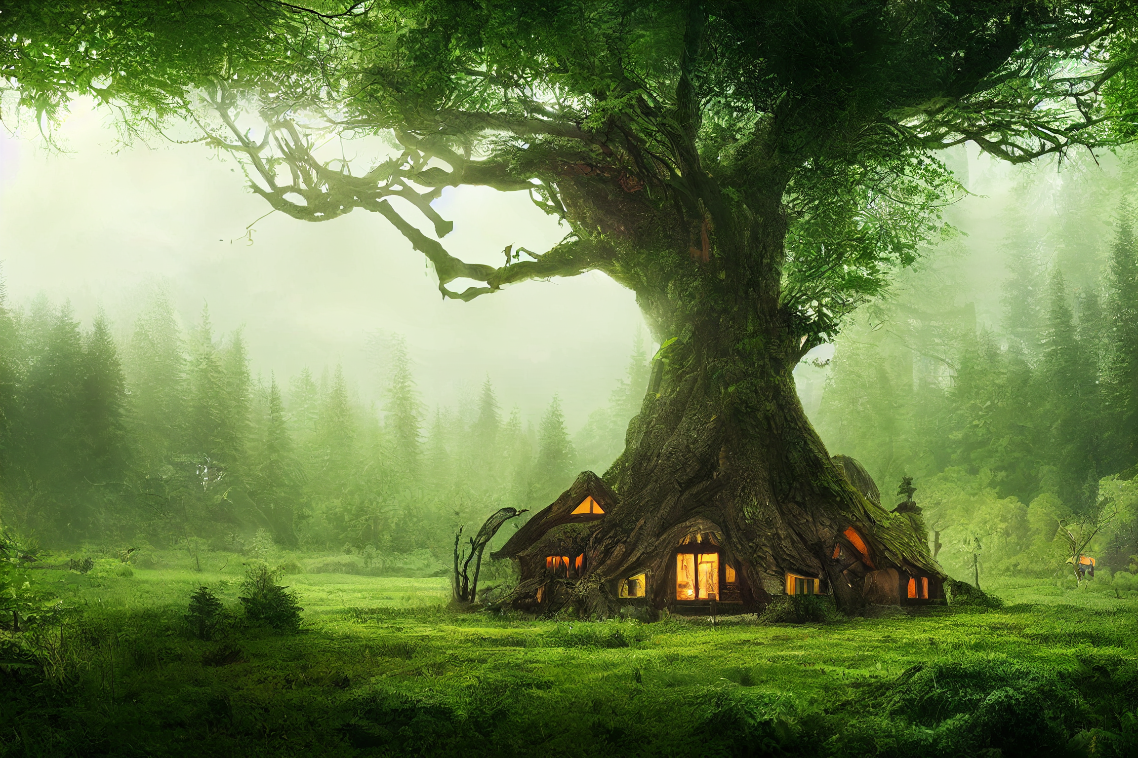 Tree House Magic Forest Trees Nature Green 2304x1536