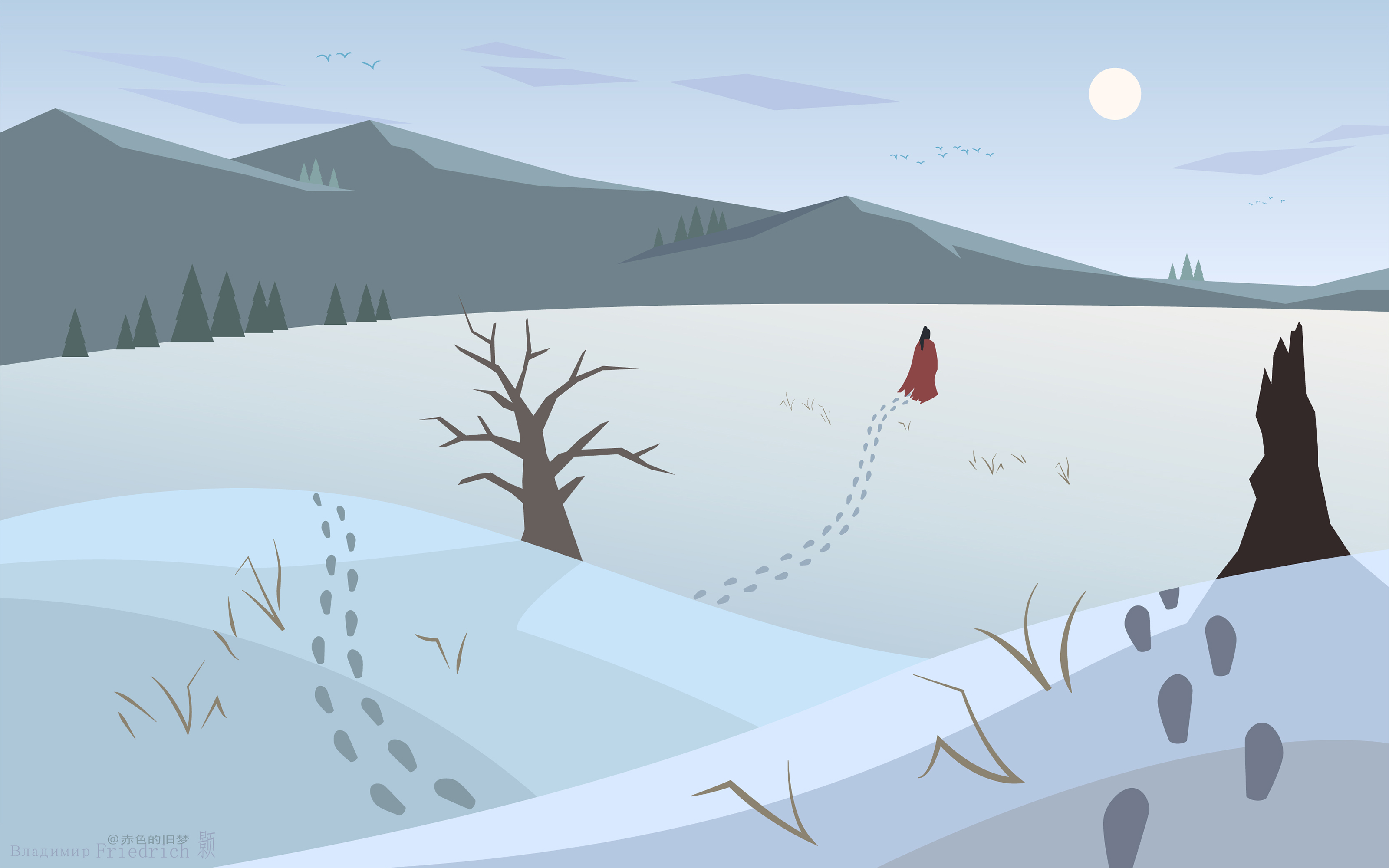 Flatdesign Landscape The Dream Of Red Mansions Snow Minimalism Mountains 3200x2000