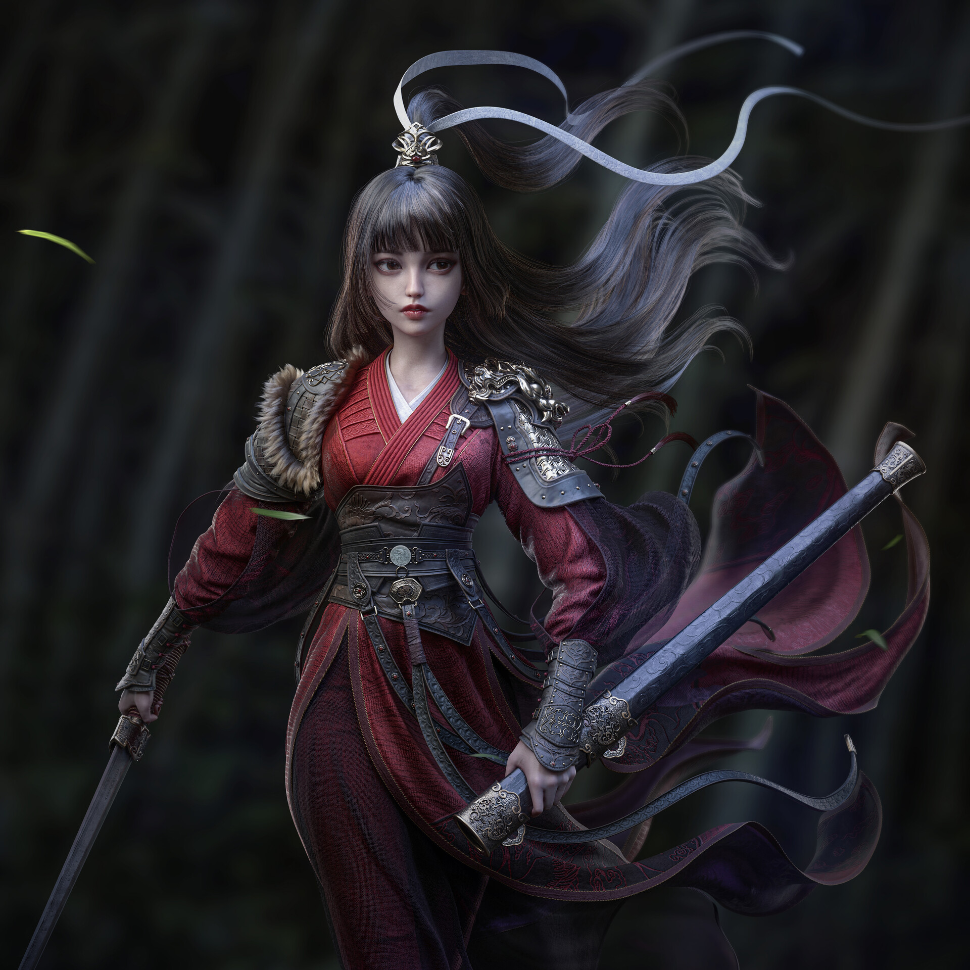 Michael Mao Women CGi Bangs Red Clothing Shoulder Pads Wind Sword Digital Art 1920x1920