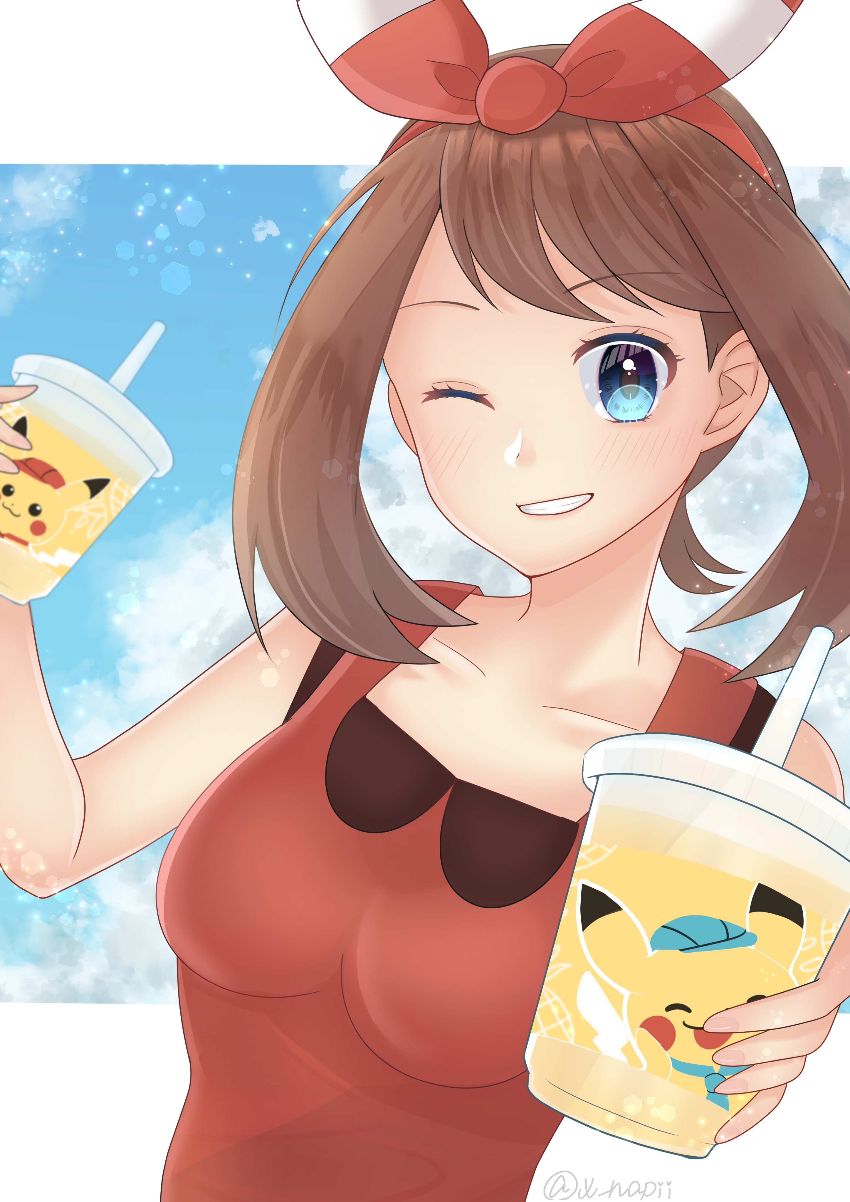 Anime Anime Girls Pokemon May Pokemon Twintails Brunette Solo Artwork Digital Art Fan Art Drink 2894x4093