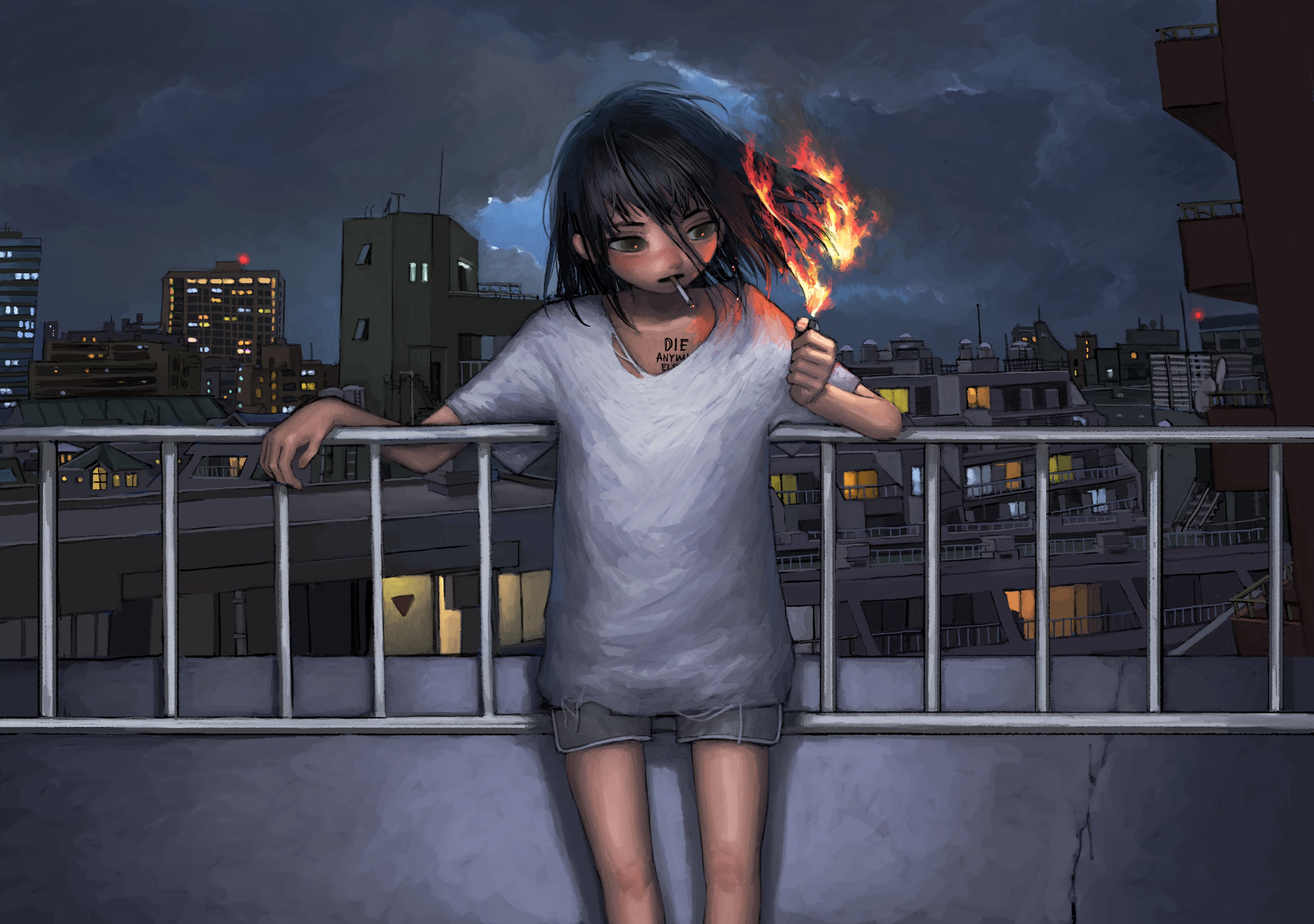 Burning Shorts T Shirt Building Night Anime Girls Smoking Cigarettes Fire Lighter Clouds City Lights 4096x2882