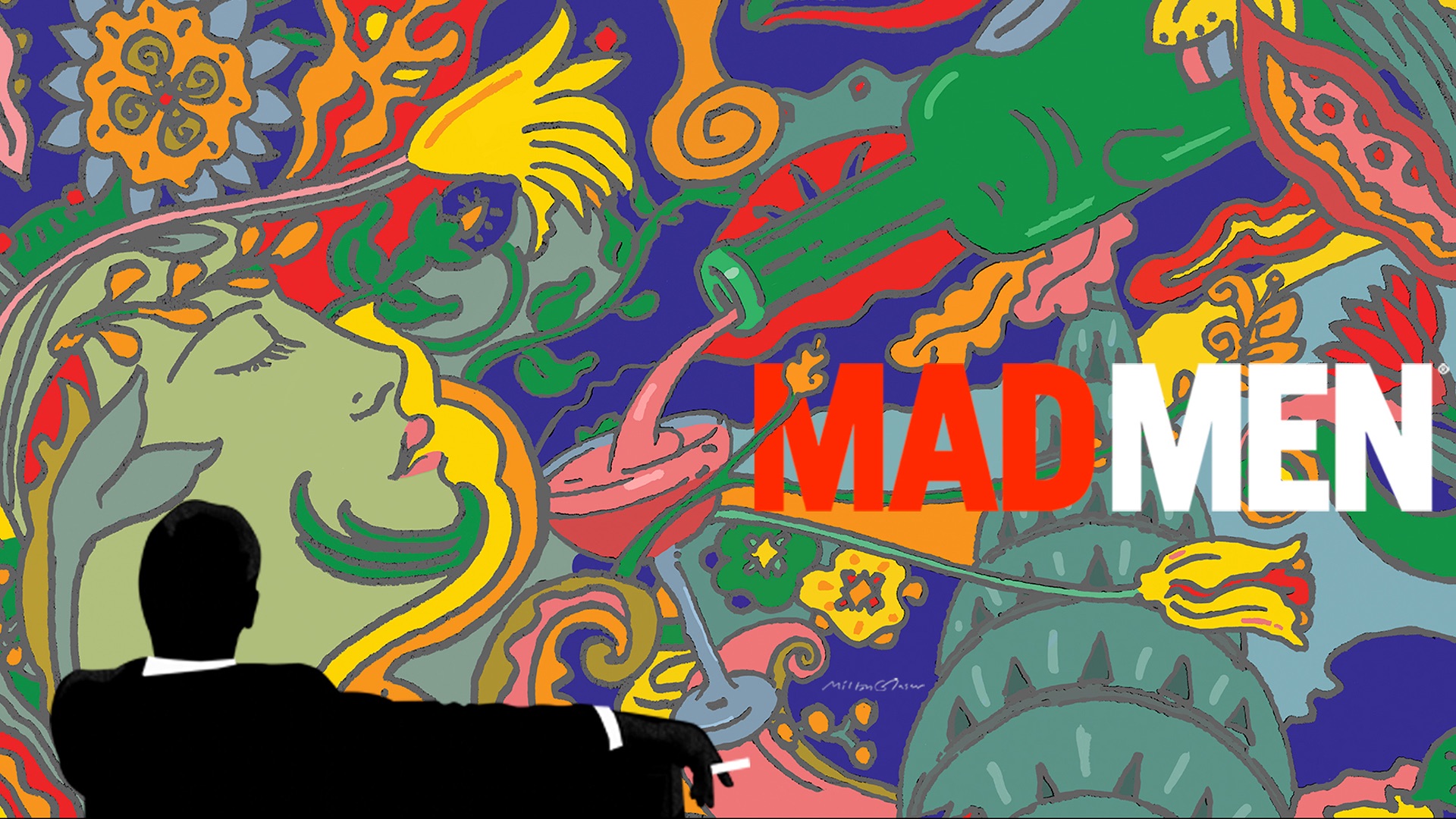Mad Men TV Series Smoking Cigarettes Don Draper Silhouette Relaxing Colorful 1920x1080