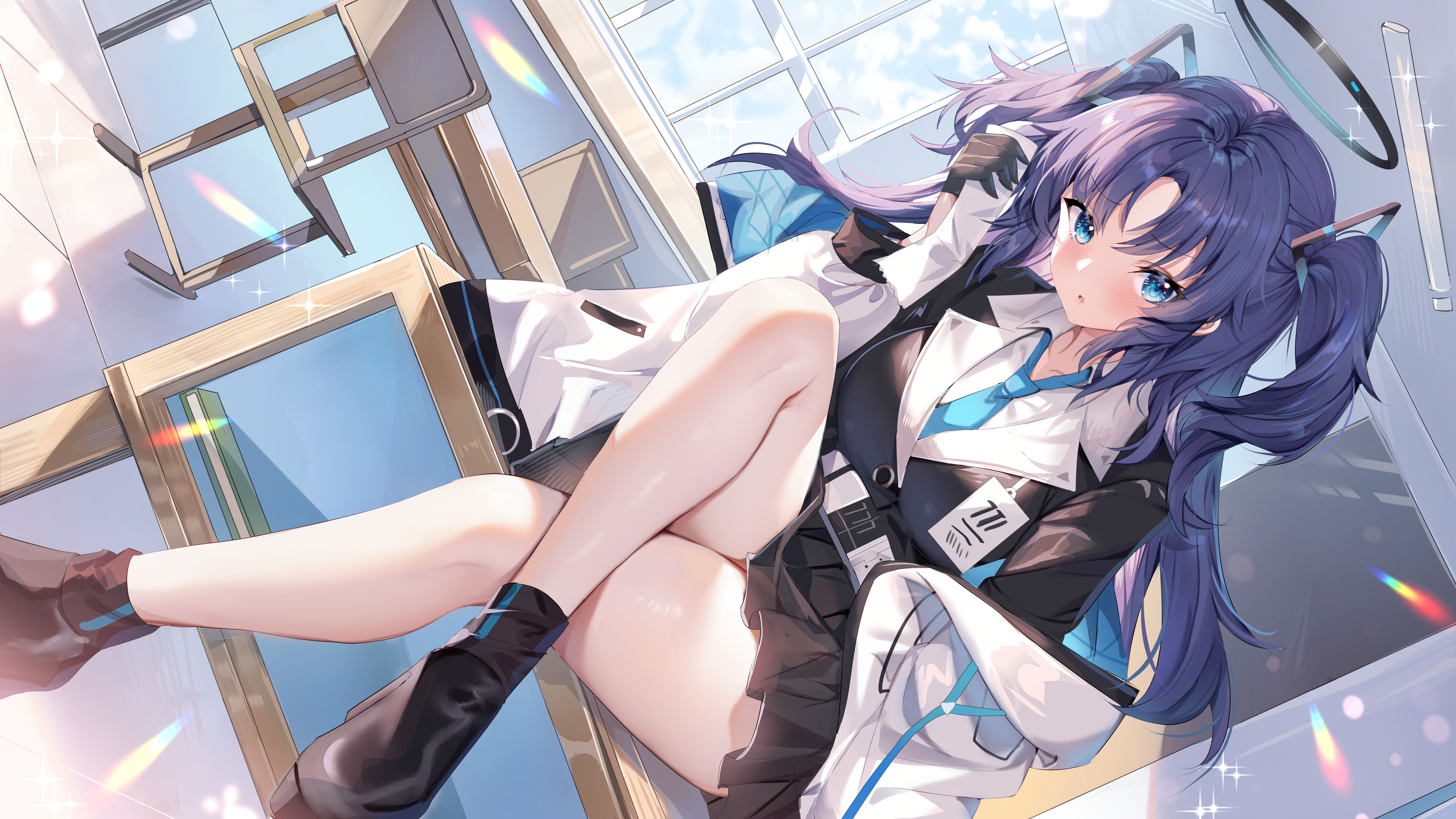 Pixiv Anime Anime Girls Long Hair Blue Archive Nimbus Sitting Legs Crossed Hayase Yuuka Desk School  6000x3376