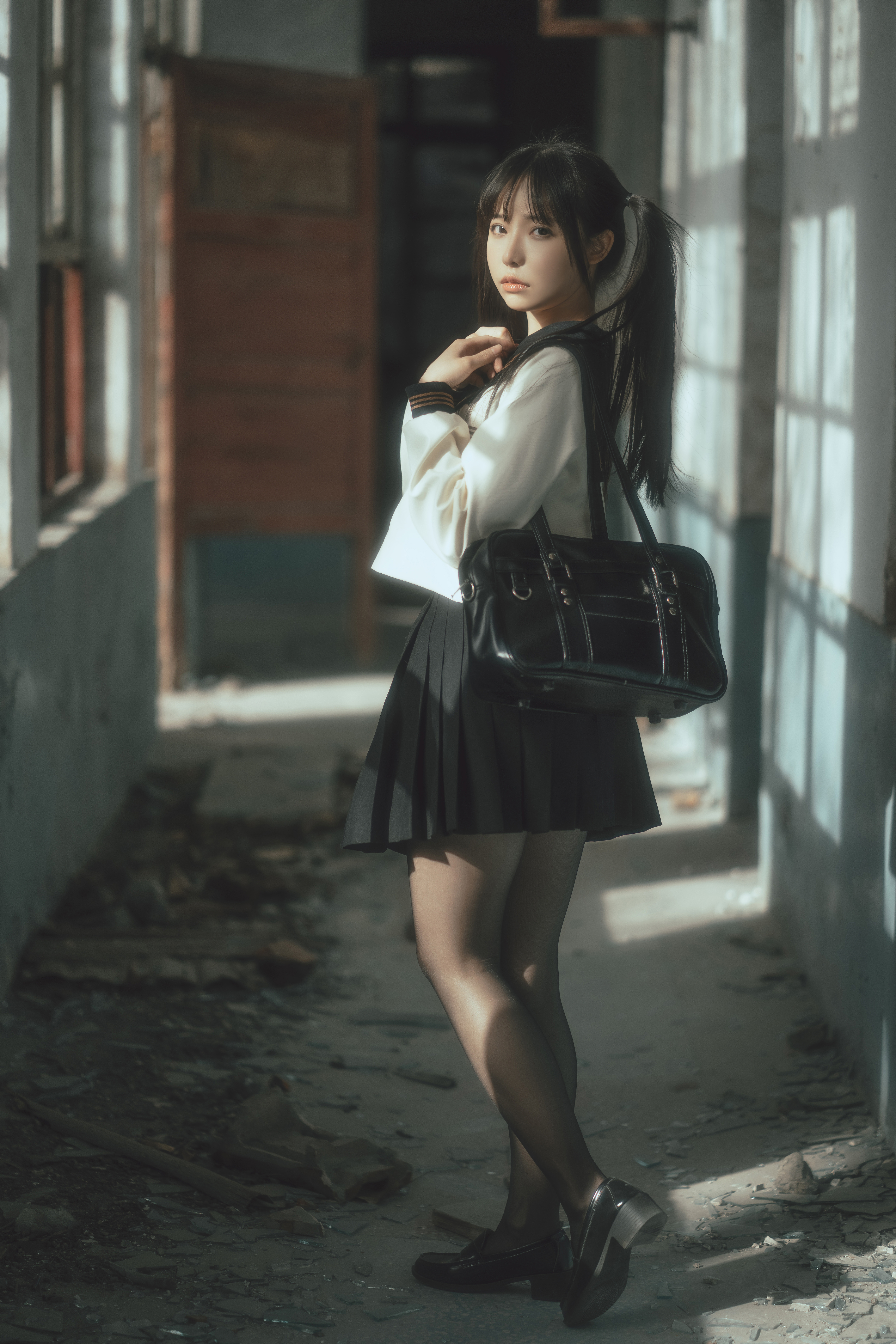 Women Asian Cosplay Brunette Twintails JK Sailor Uniform Schoolgirl Model Abandoned 4334x6500