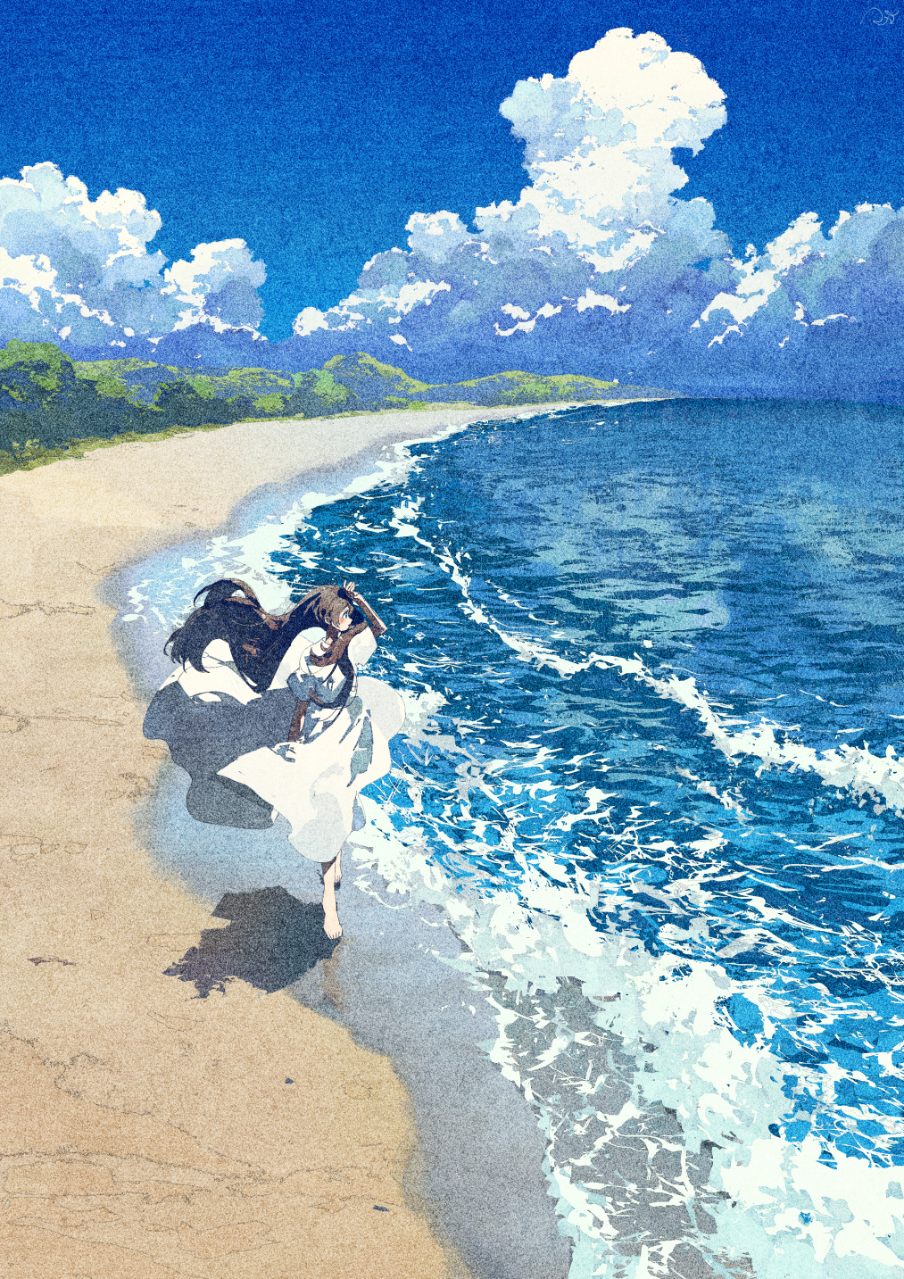 Potg Anime Girls Illustration Artwork Vertical Sea White Dress Long Hair Sea Side Waves Beach Water 1013x1433