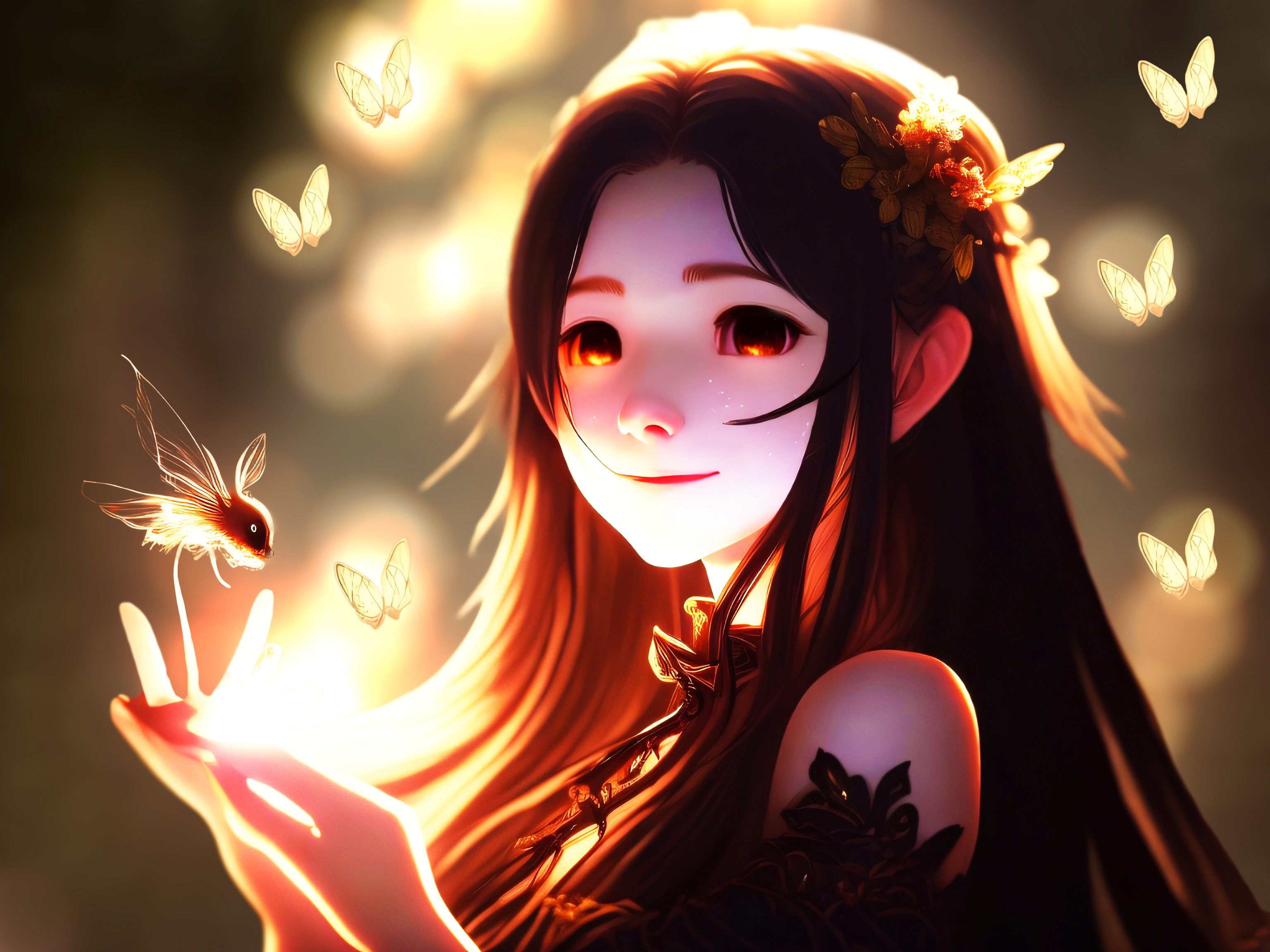 Anime Girls Anime Edit Digital Art Butterfly Smiling Looking At Viewer Insect Long Hair 3072x2304