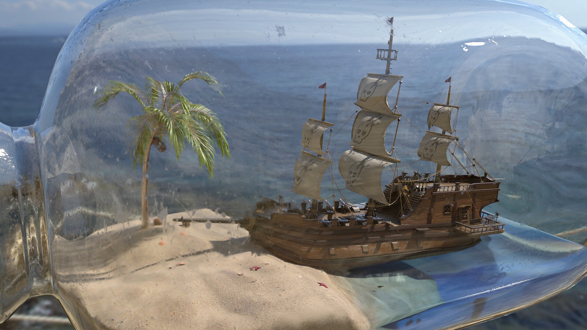 Pirate Ship Coconuts Ship Water Bottles Sand Palm Trees 1920x1080