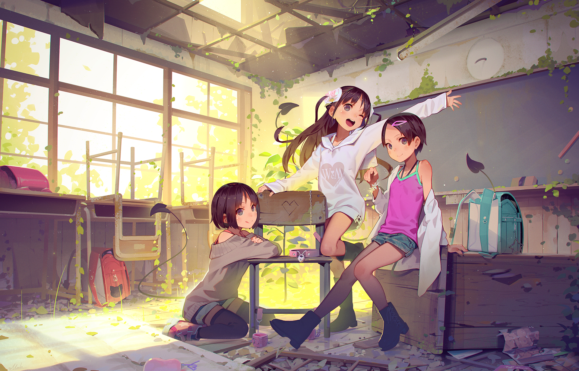 Original Characters Classroom Urban Decay Brunette Randoseru Looking At Viewer Chair Anime Girls Smi 1920x1229