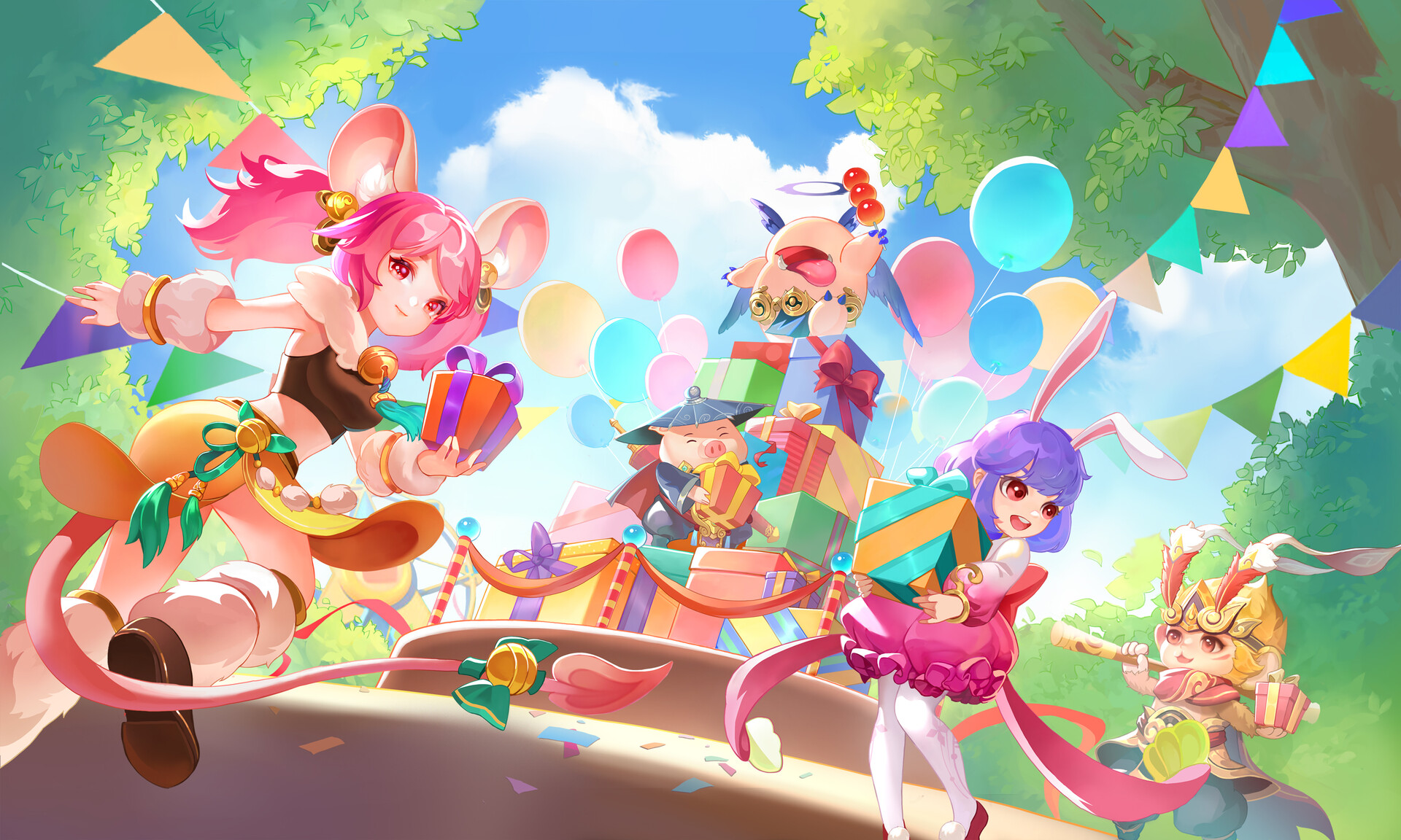 MuSi Drawing Anime Girls Pigs Colorful Balloon Presents Party Balloons Confetti 1920x1152