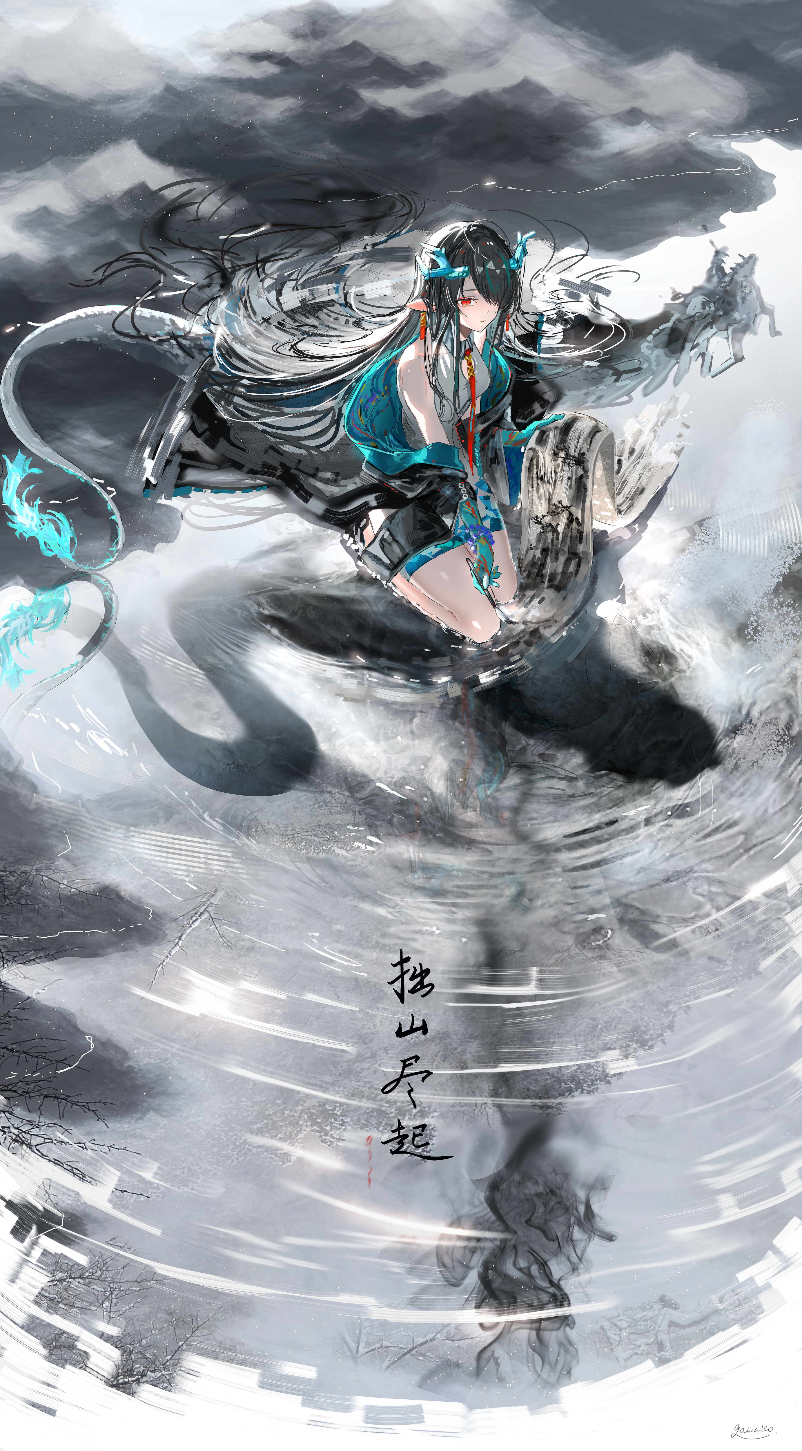 Arknights Dusk Arknights Vertical Anime Girls Reflection Water Dragon Horns Dragon Tail Pointy Ears  2766x5001