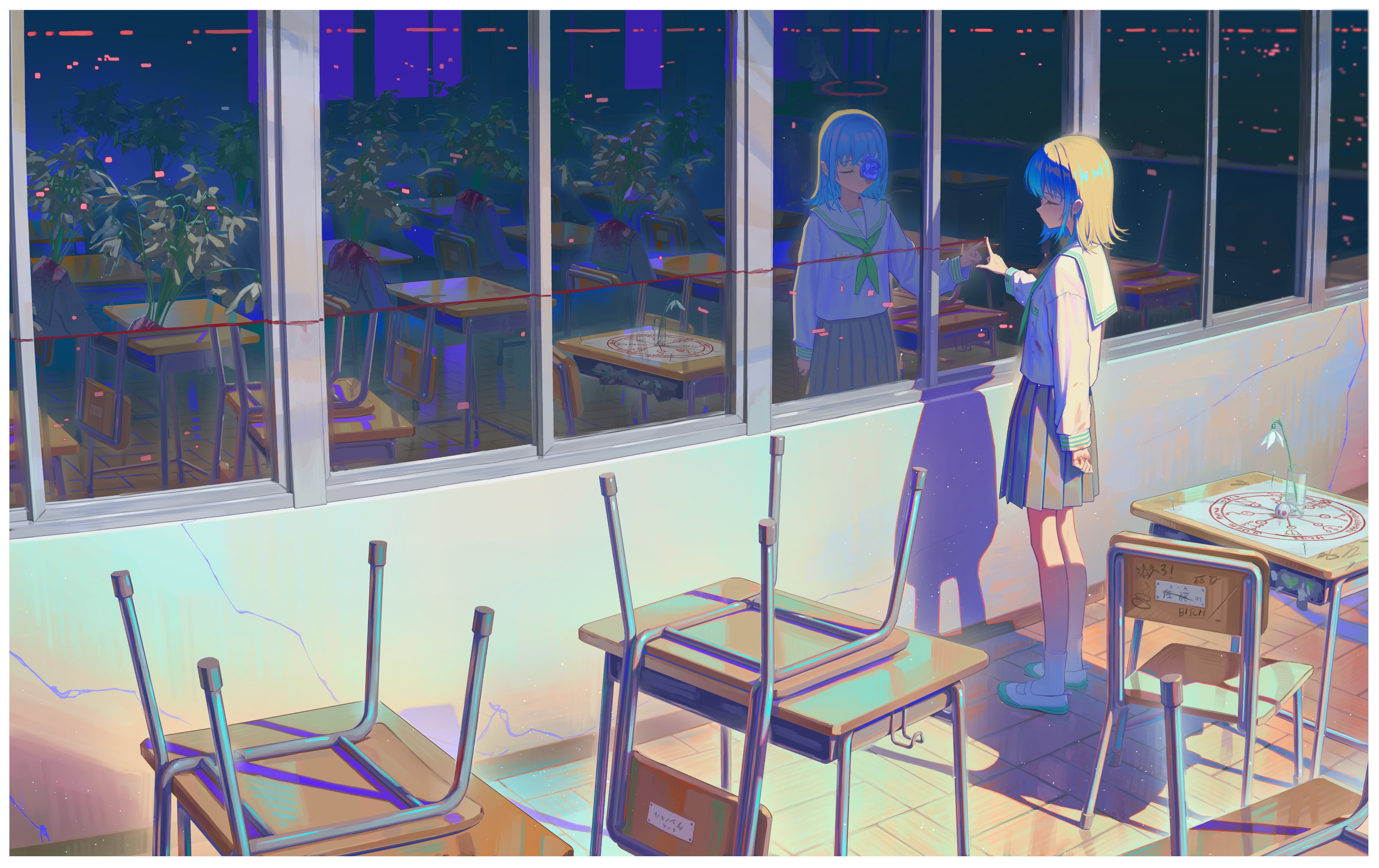 Anime Girls Artwork Schoolgirl School Uniform Reflection Classroom Window Blue Rose 4096x2579