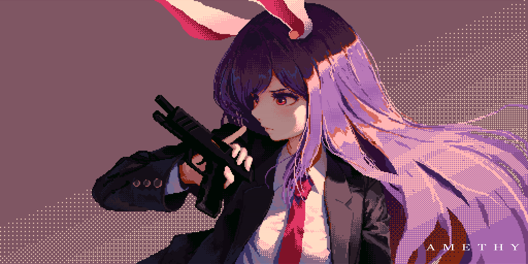 Bunny Ears Long Hair Purple Hair Gun Pistol Weapon Parody Pixelated Pixel Art Suit And Tie Orange Ey 2048x1024