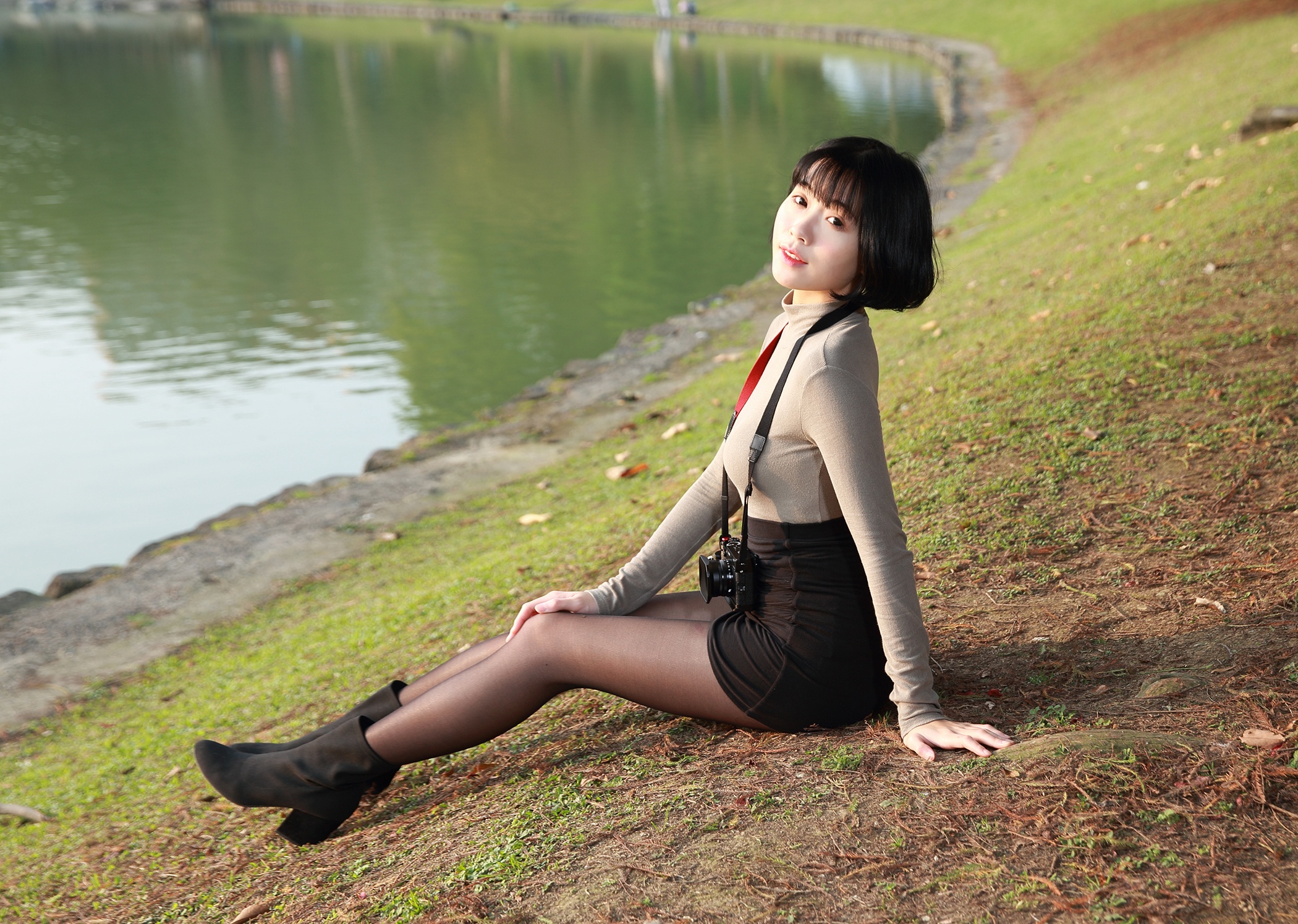Asian Model Women Short Hair Dark Hair Sitting Lake Shore Grass Ankle Boots Long Sleeves Skirt Camer 2100x1496