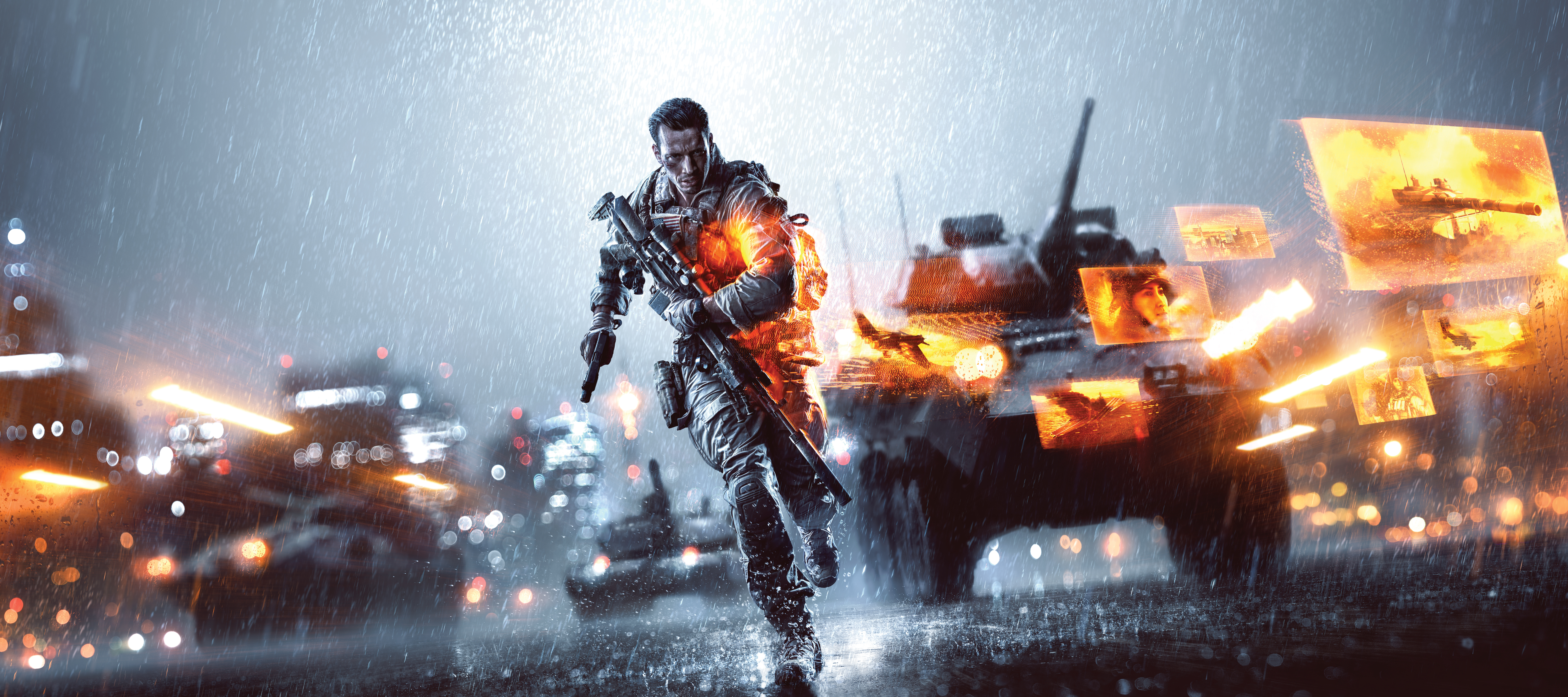 Battlefield 4 Video Games Video Game Art Soldier Gun Tank Vehicle Rain Military Vehicle Running Look 9000x4000