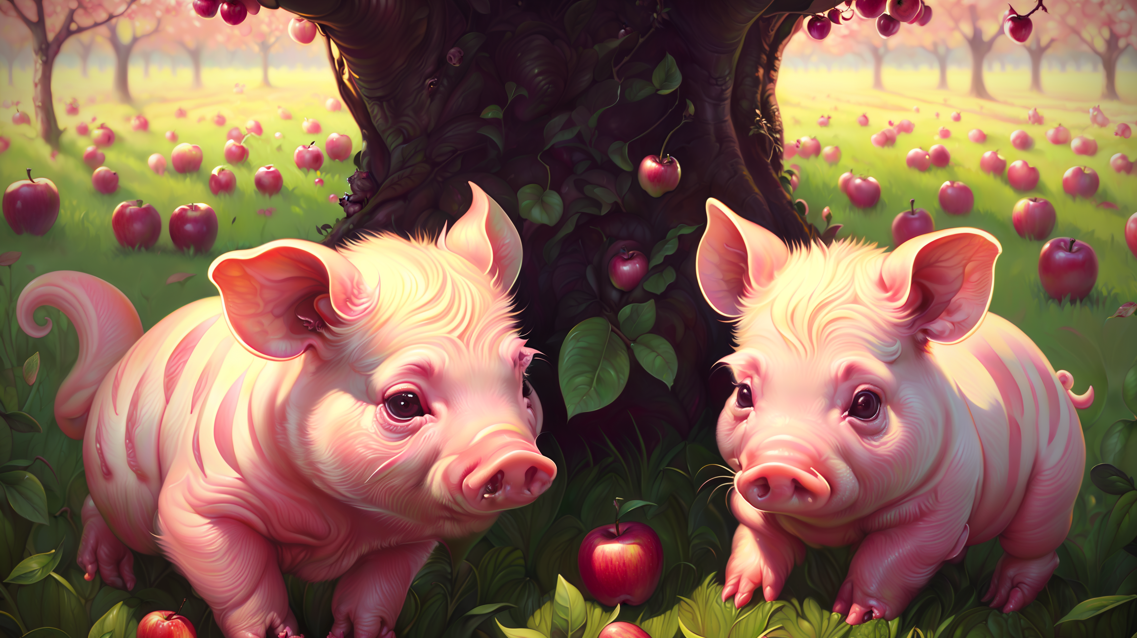 Piglet Pigs Farm Ai Art Animals Apples Leaves Fruit Grass Trees 3648x2048