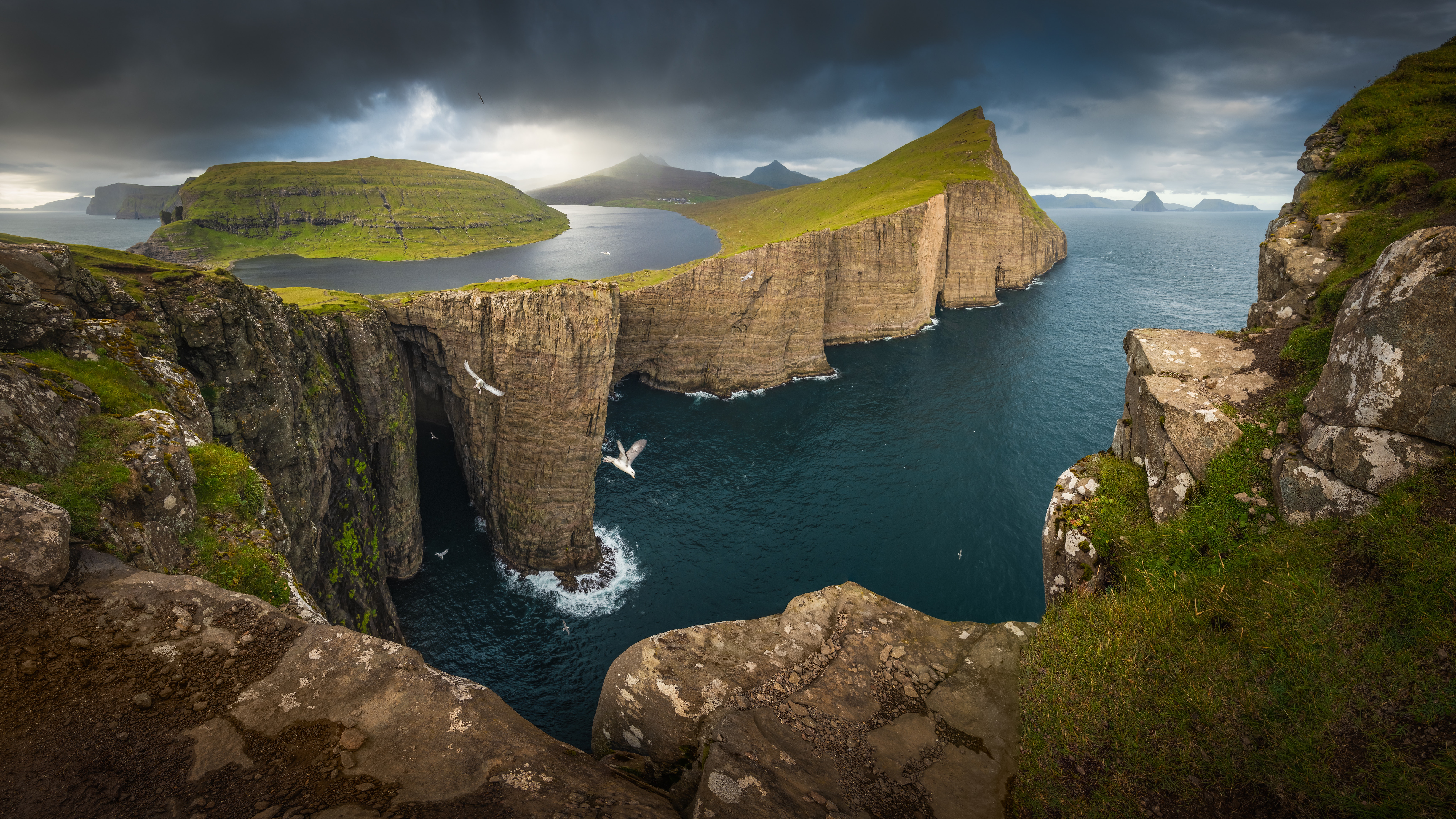 Photography Nature Landscape Mountains Sea Faroe Islands Island Cliff Water Clouds 8192x4608