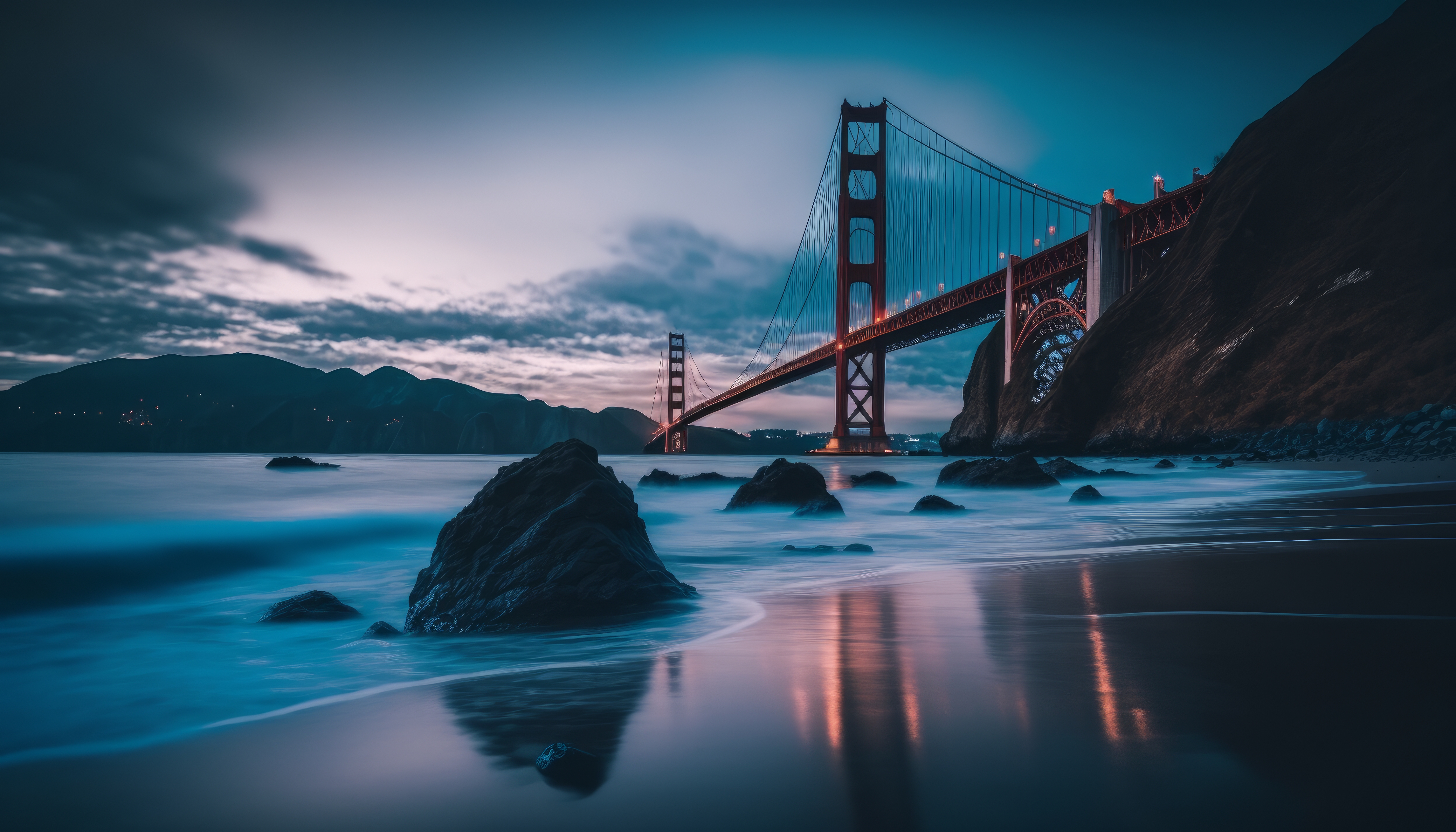 Ai Art Golden Gate Bridge Blue Hour Bridge Water Rocks Reflection Sky Clouds Waves 4579x2616