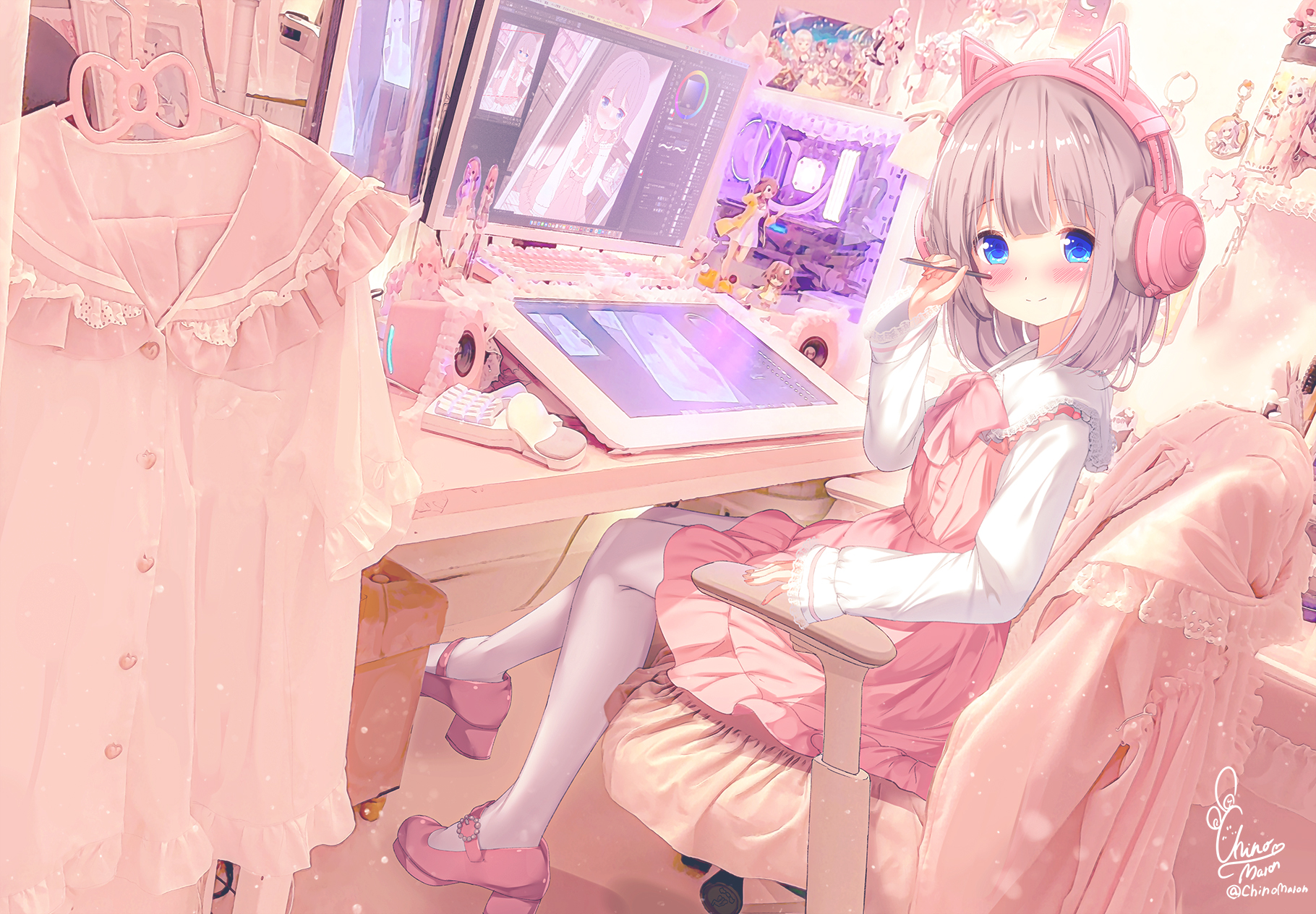 Anime Anime Girls Sitting Looking At Viewer Blushing Headphones Smiling Computer Drawing Chair Water 1820x1264