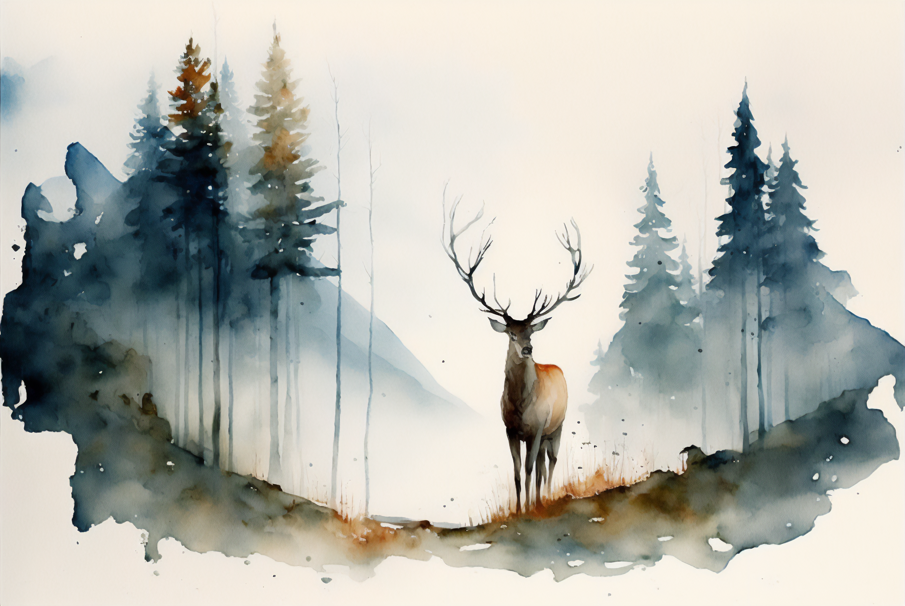 Ai Art Painting Deer Watercolor Trees Animals Nature Artwork 3060x2048