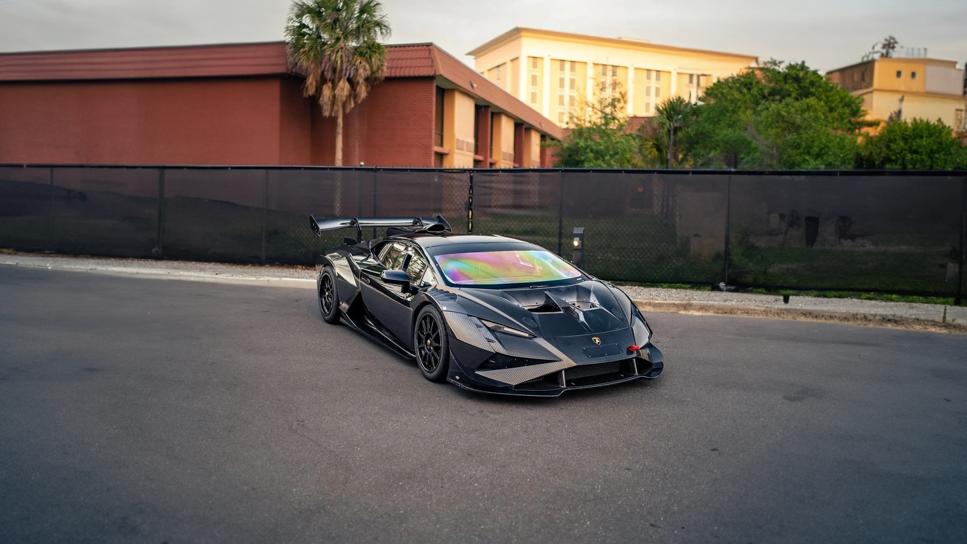 Lamborghini Huracan Road Palm Trees Car Front Angle View Fence Building Trees Vehicle 1920x1080