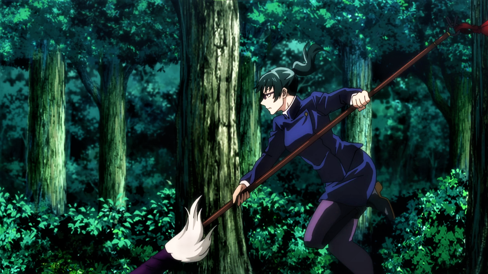 Jujutsu Kaisen Maki Zenin Staff Ponytail Green Hair Glasses Trees Nature Running Anime Anime Screens 1920x1080
