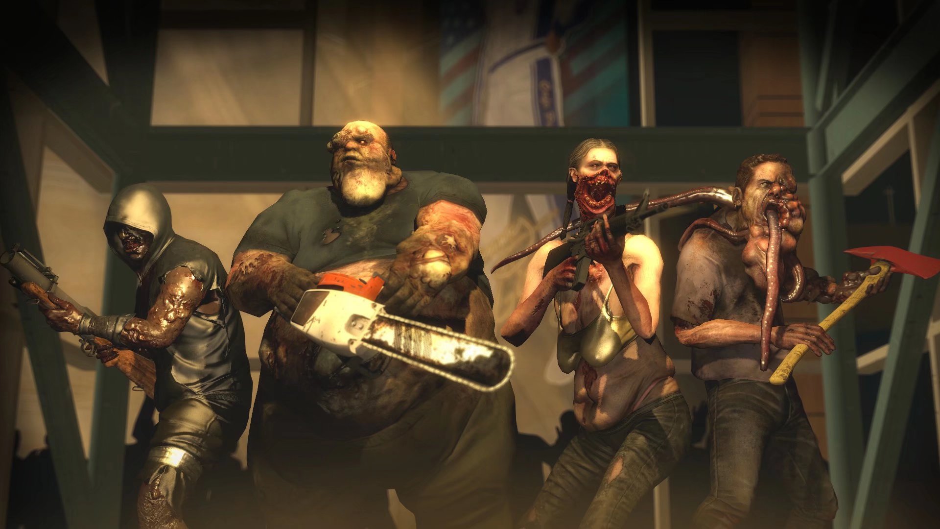 Left 4 Dead Left 4 Dead 2 Steam Game Video Games CGi Video Game Characters Chainsaws Axes Weapon Gun 1920x1080