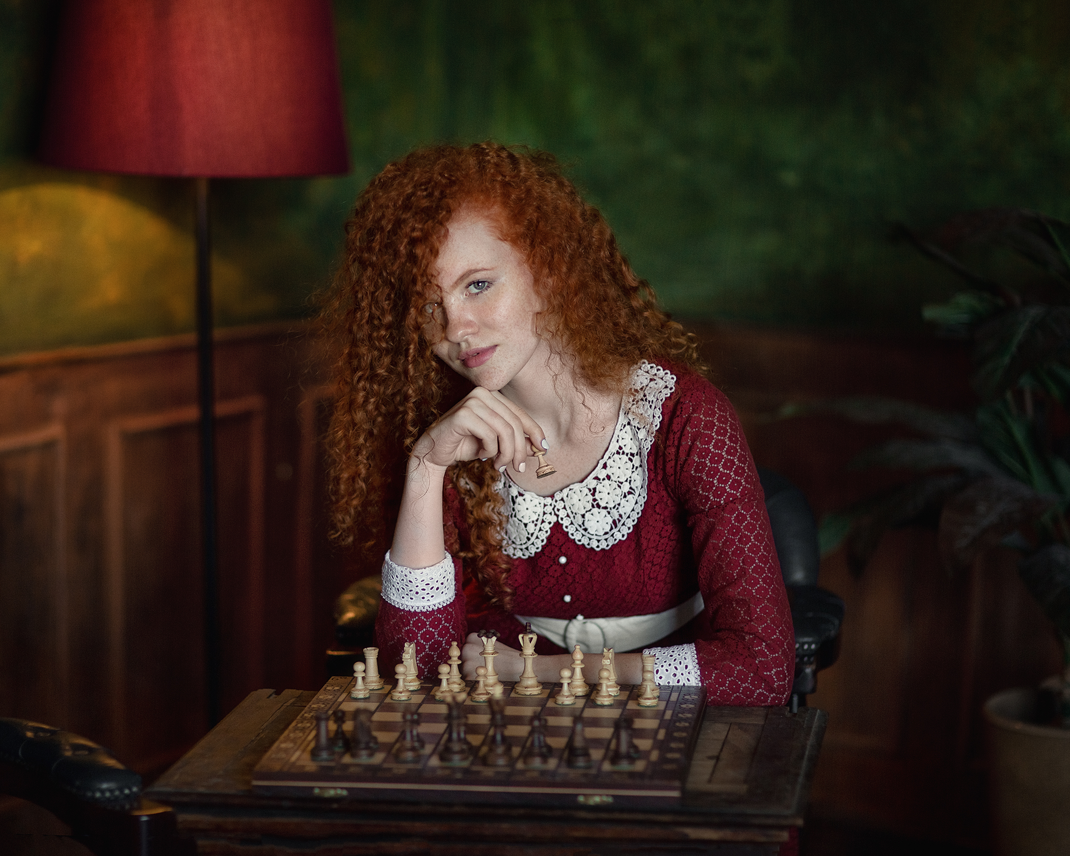 Anastasia Barmina Women Redhead Long Hair Curly Hair Freckles Red Clothing Chess Blue Eyes Pale Sitt 2100x1680
