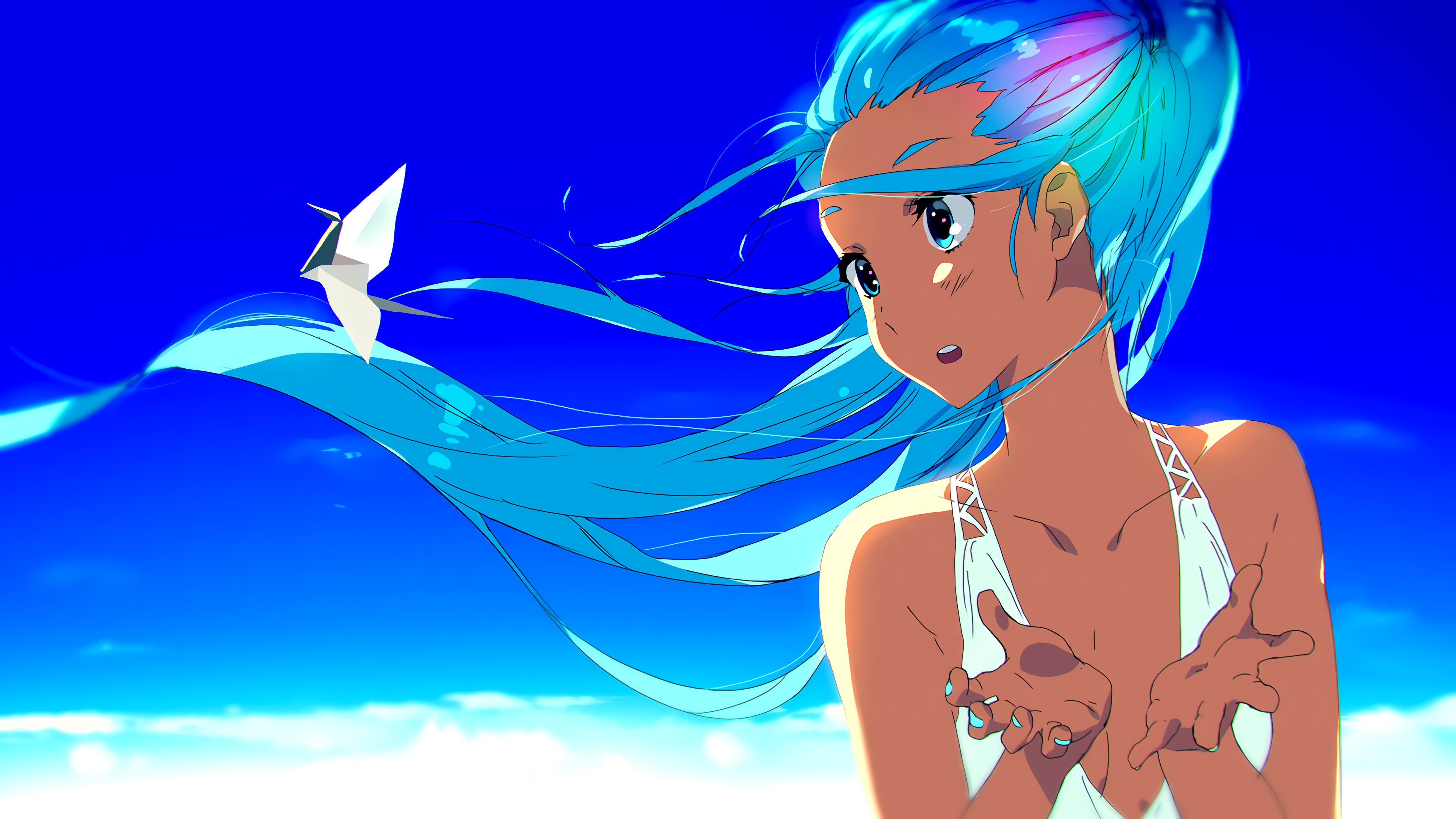 Tom Skender Anime Girls Anime DeviantArt Face Long Hair Sky Hair Blowing In The Wind Wind Blue Hair  3840x2160