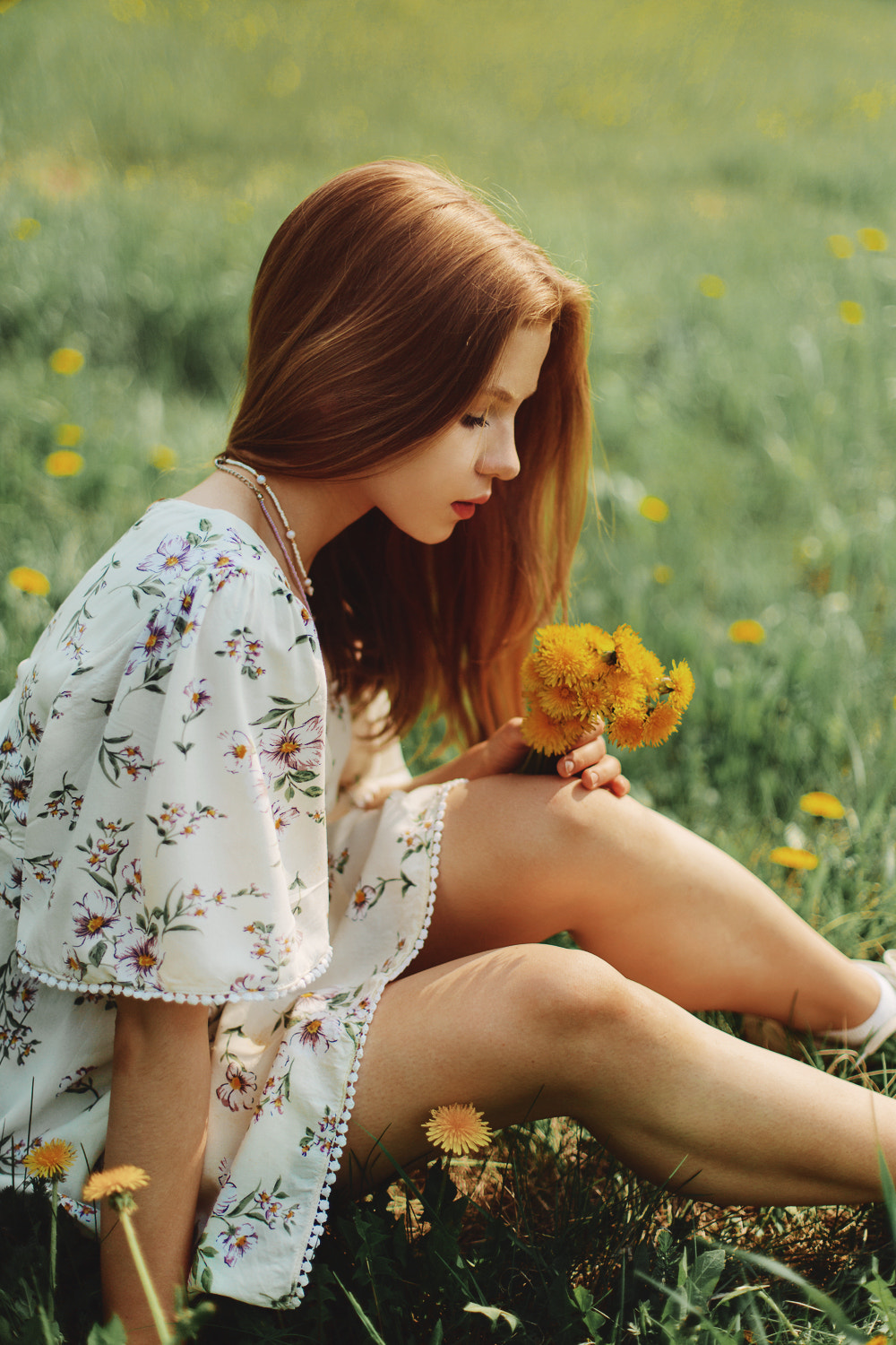 Anton Zhilin Women Redhead Flowers Field Makeup Model Legs Women Outdoors 1000x1500