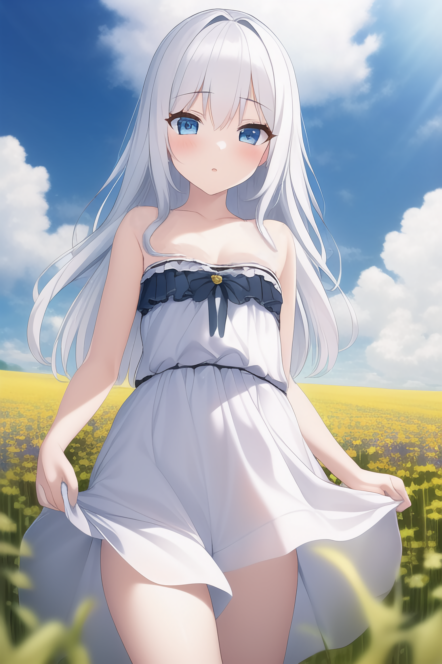 Anime Ai Anime Girls Flowerbomb Skirt Silver Hair Blue Eyes Lifting Dress Flowers Clouds Blushing 1536x2304